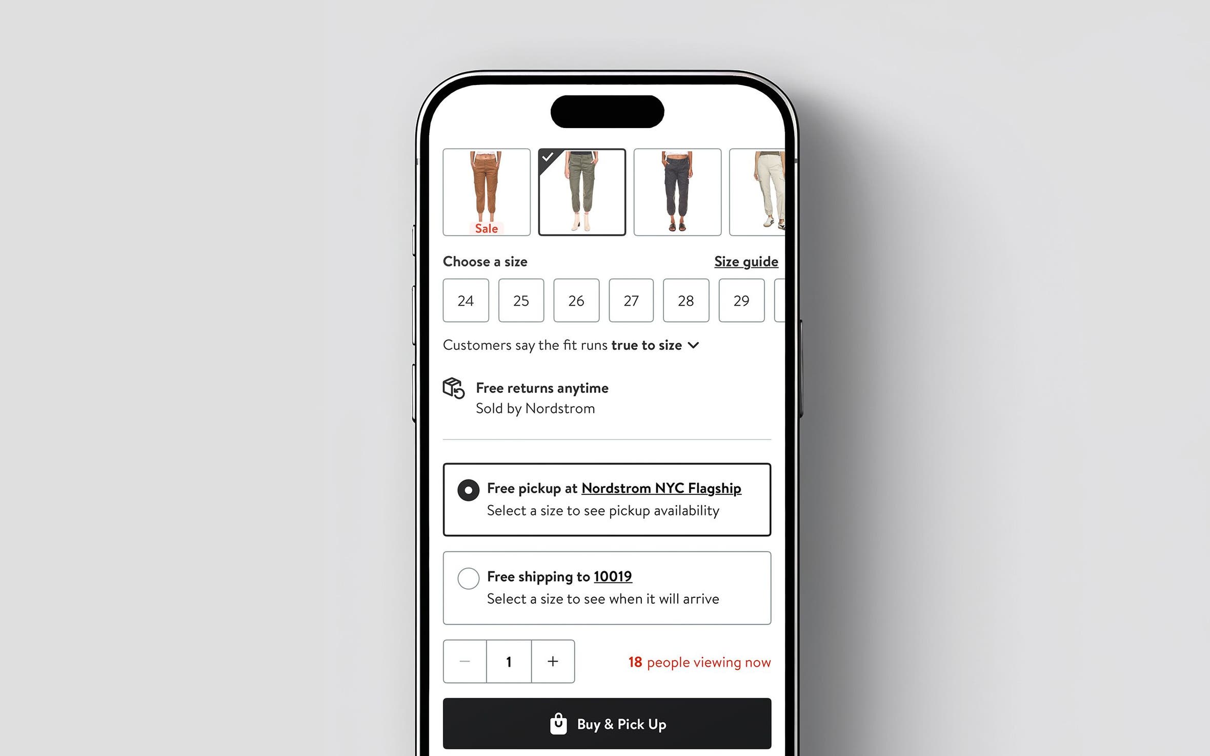 Phone showing shipping and pickup options for a selected store on the Nordstrom app.
