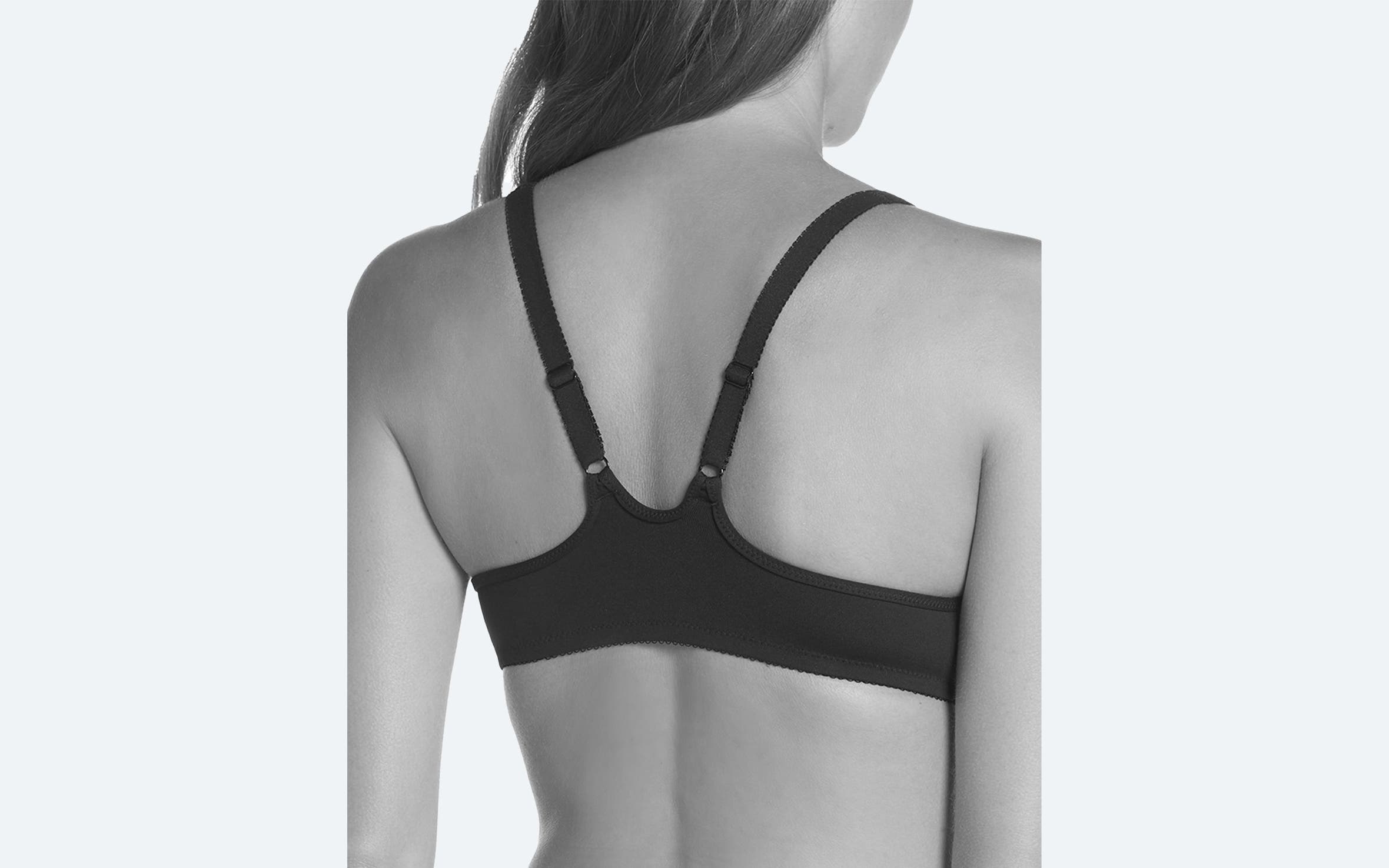 A woman in a racerback bra.