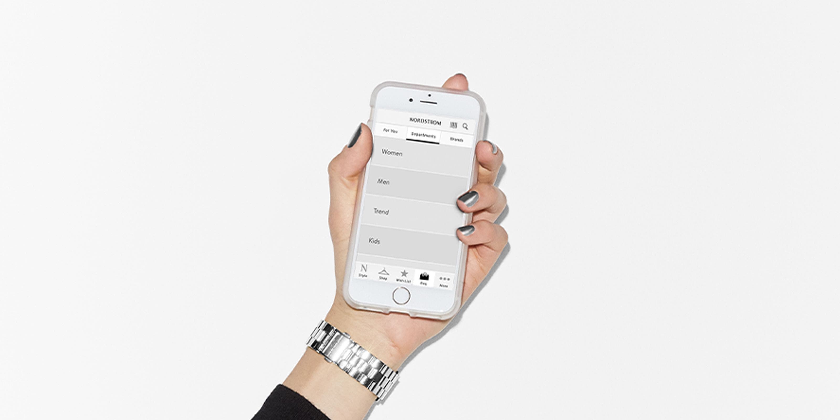 A phone showing the Nordstrom app.