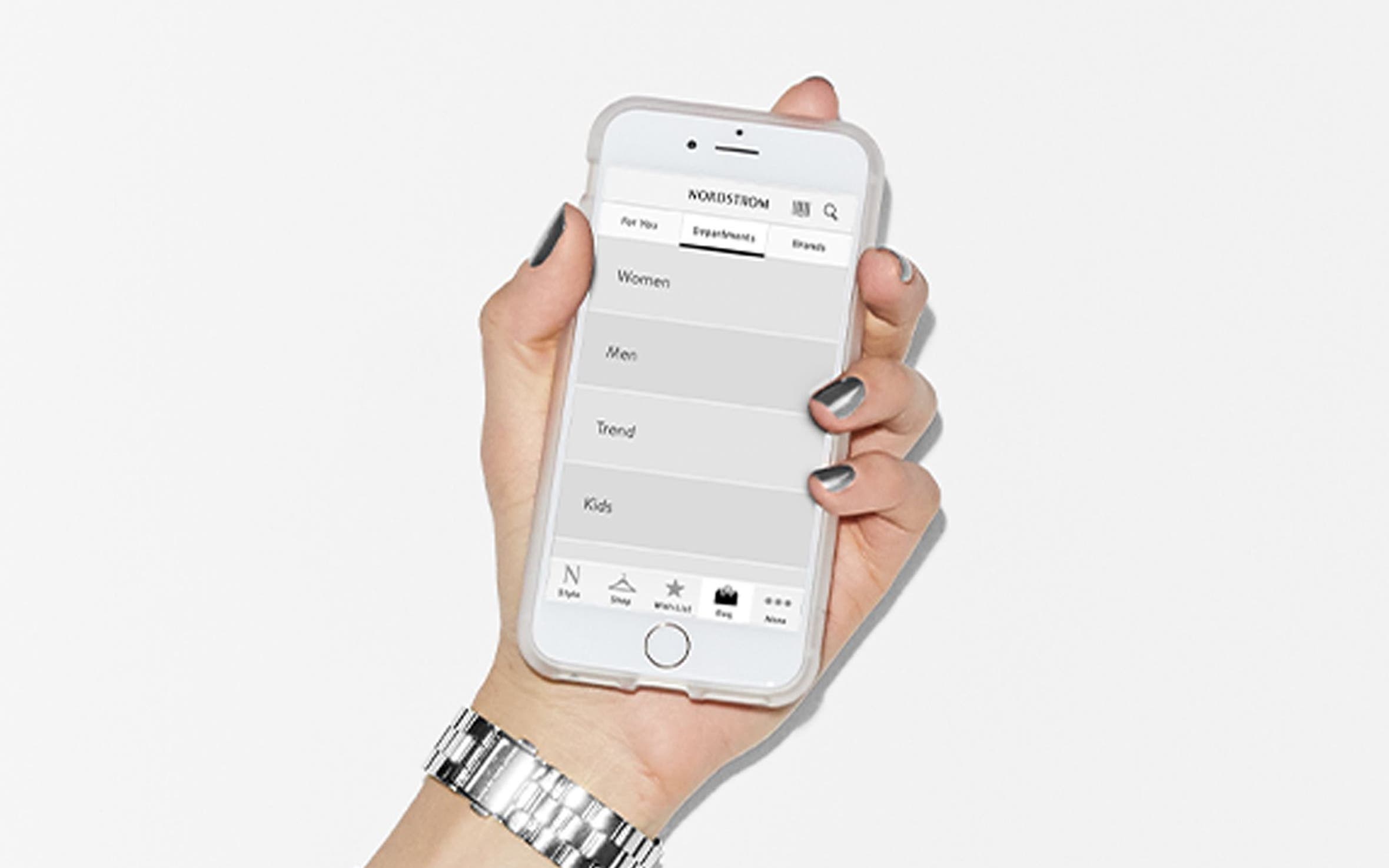 A phone showing the Nordstrom app.