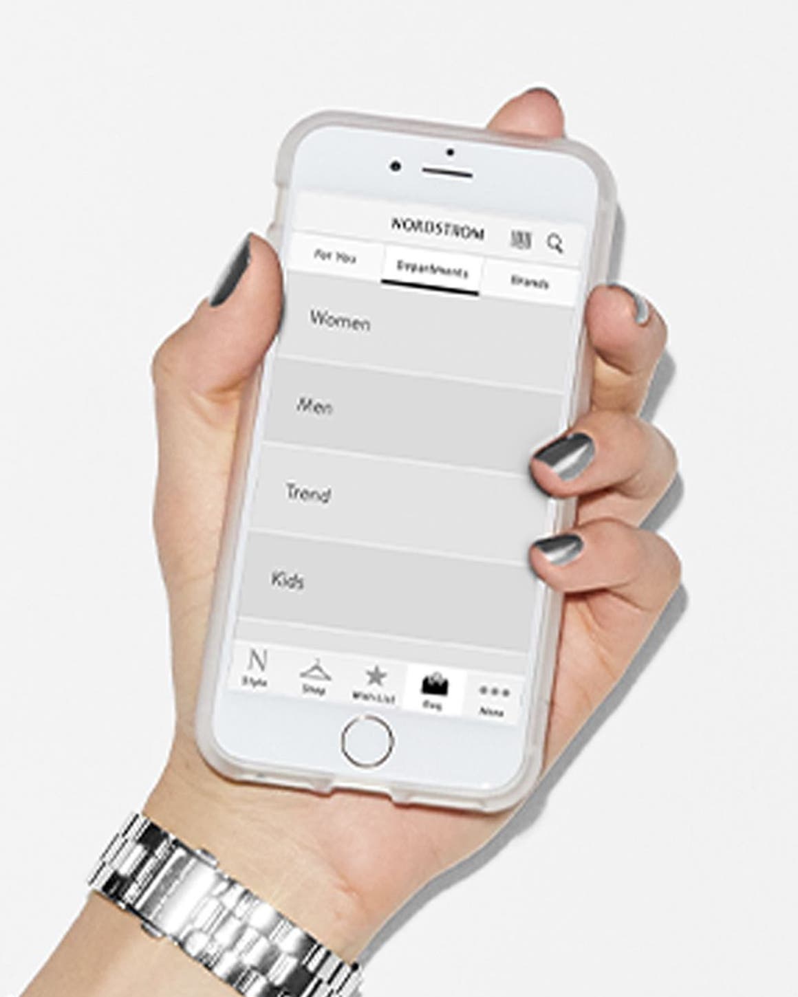A phone showing the Nordstrom app.