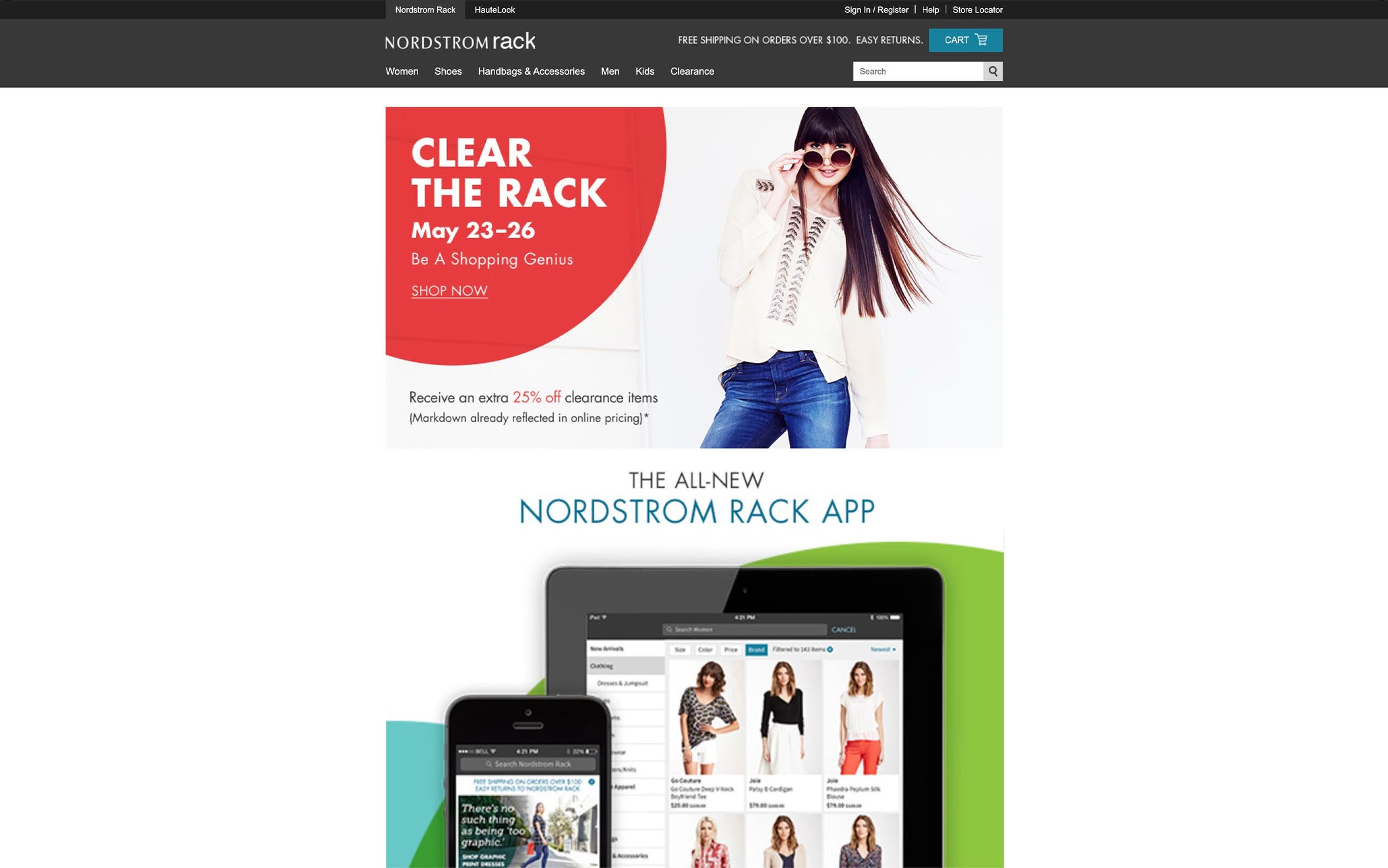 Screens showing the Nordstrom Rack site and app.