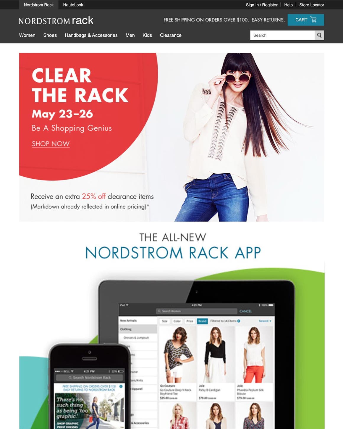 Screens showing the Nordstrom Rack site and app.