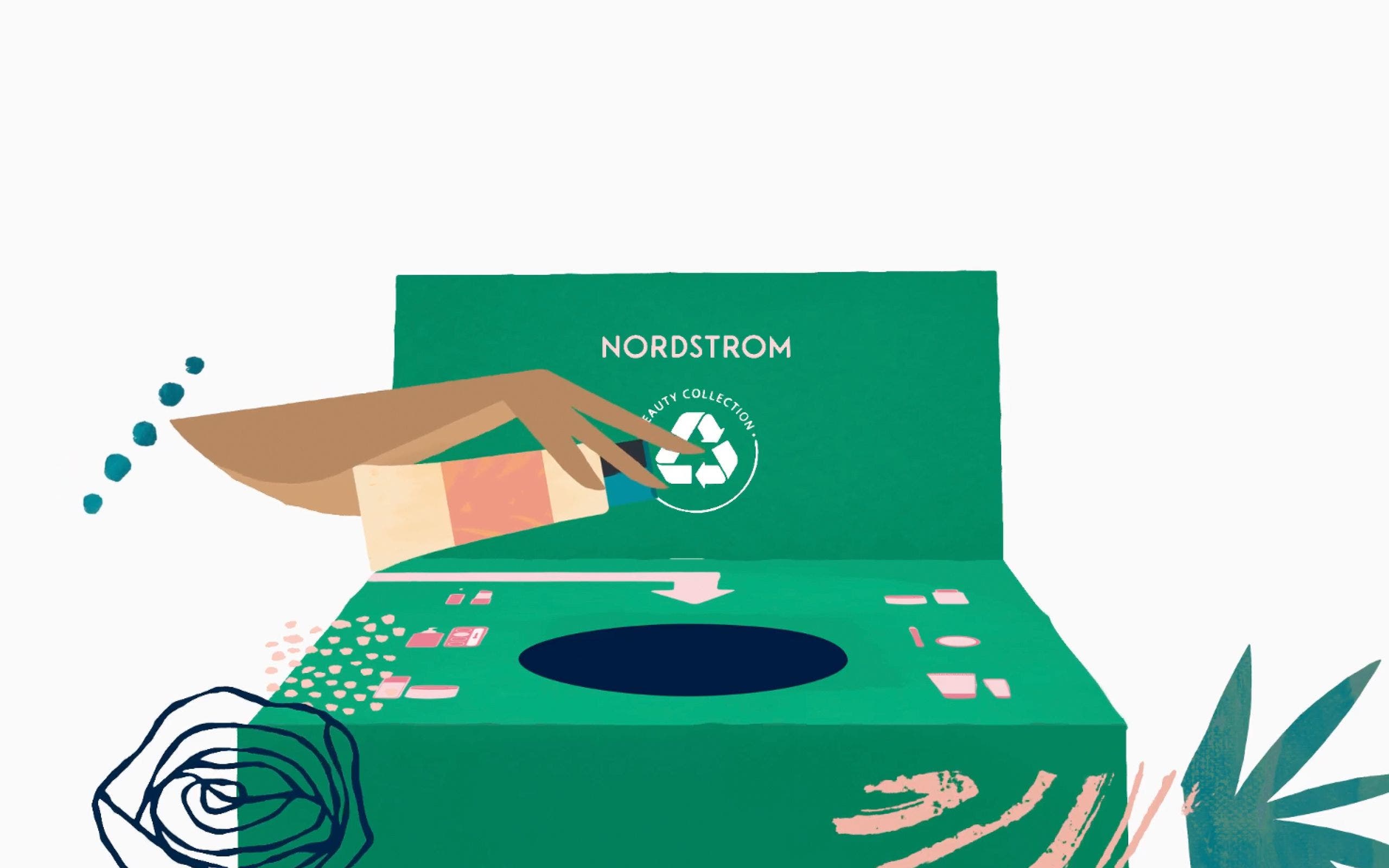 An illustration of a person putting an empty makeup container into a BEAUTYCYCLE box.