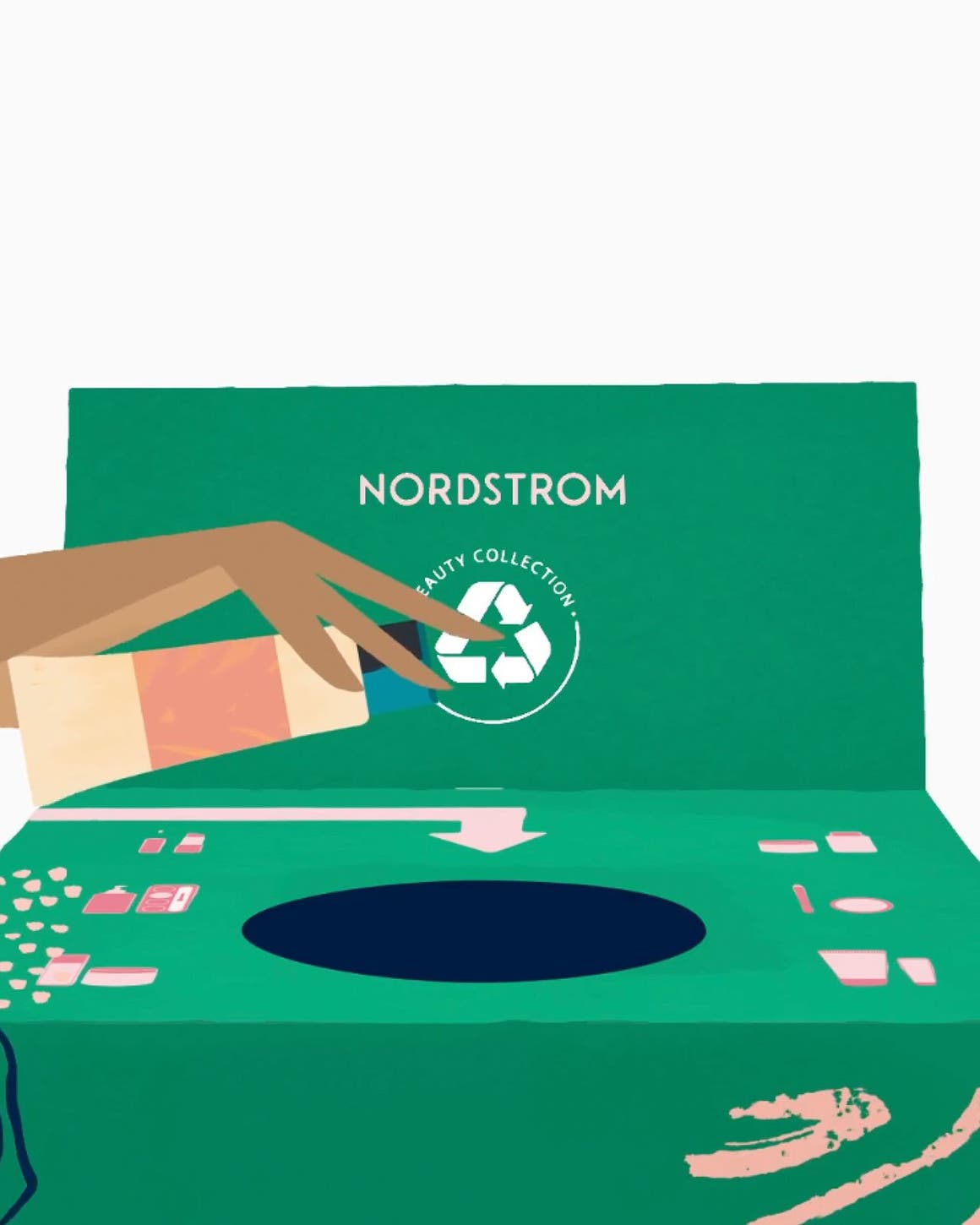 An illustration of a person putting an empty makeup container into a BEAUTYCYCLE box.