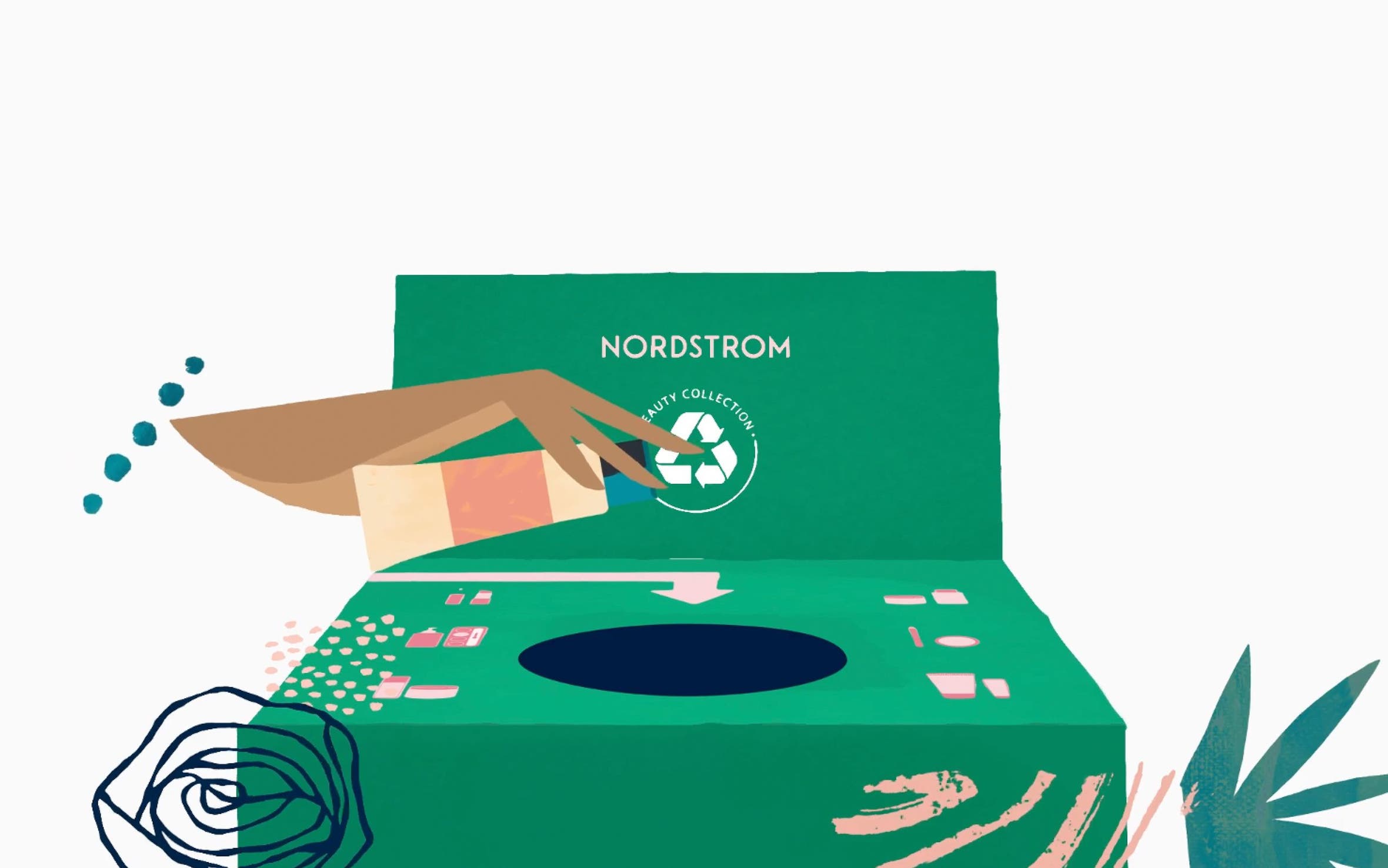 An illustration of a person putting an empty makeup container into a BEAUTYCYCLE box.