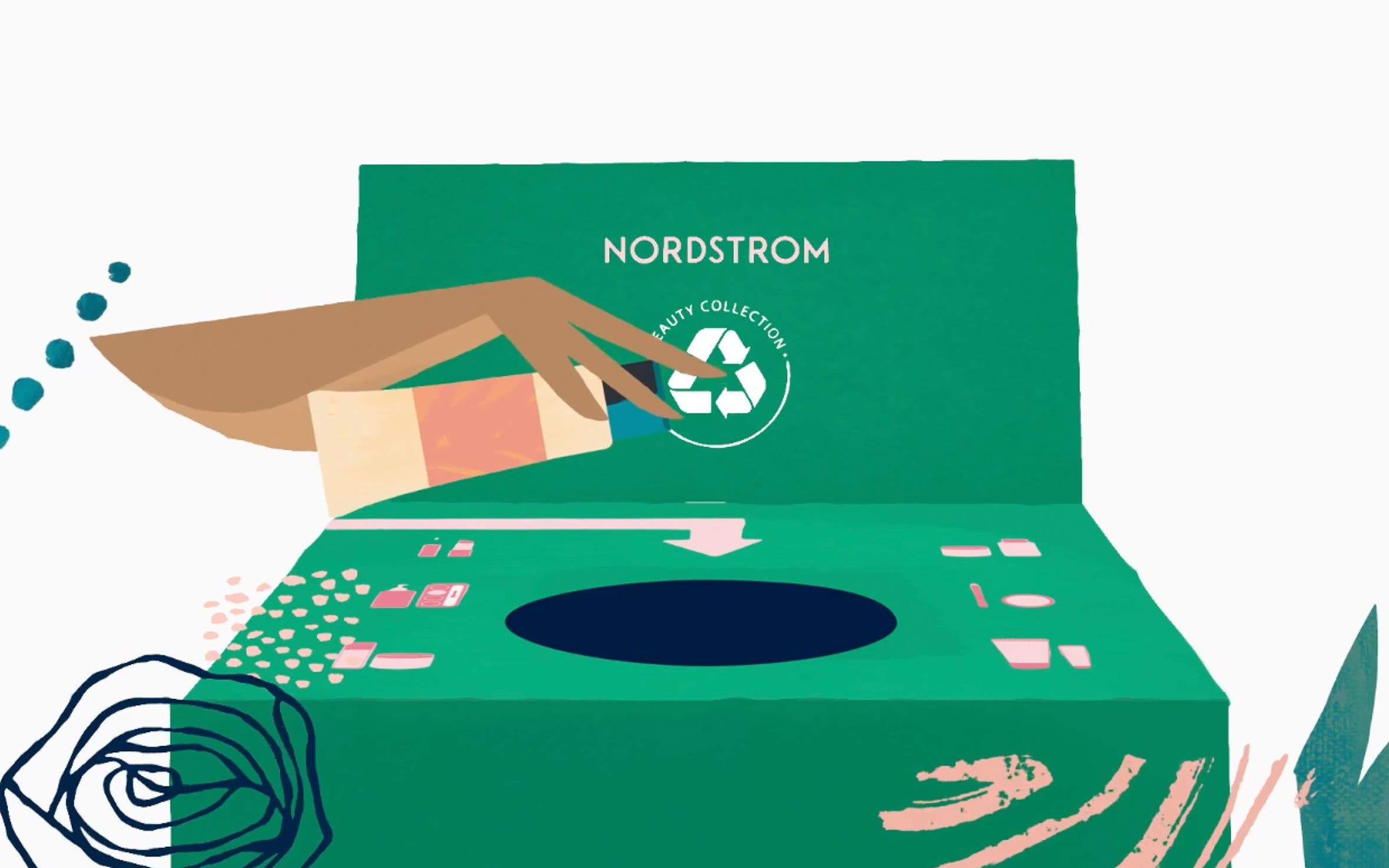 An illustration of a person putting an empty makeup container into a BEAUTYCYCLE box.