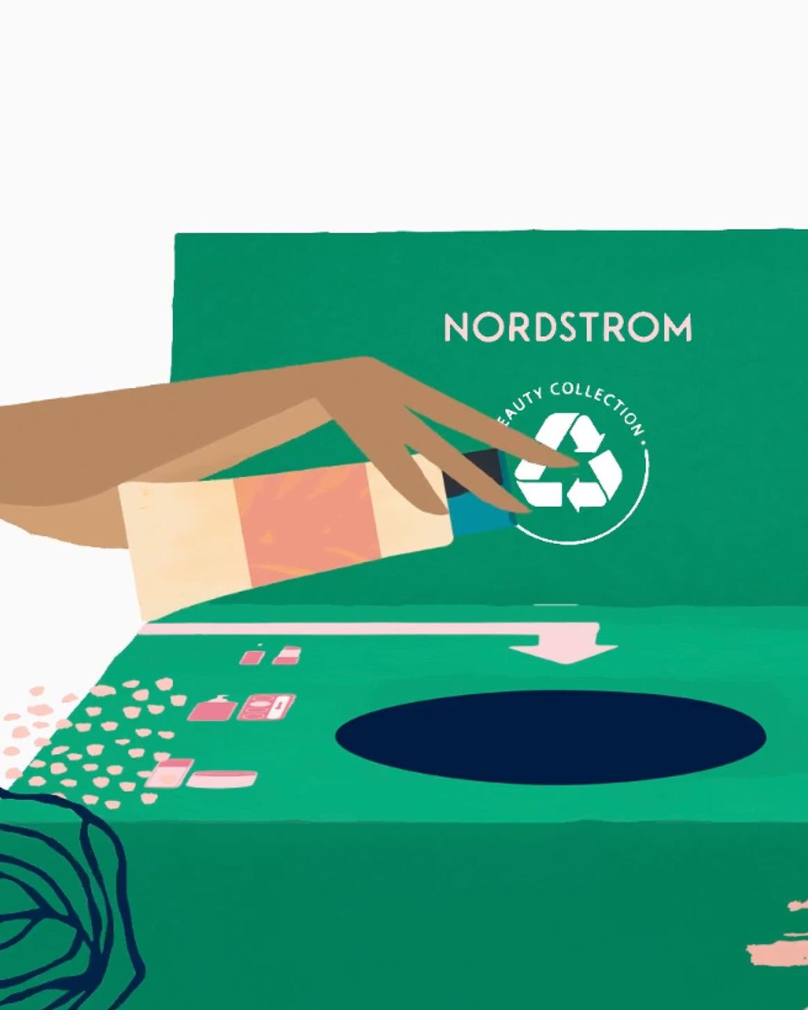 An illustration of a person putting an empty makeup container into a BEAUTYCYCLE box.