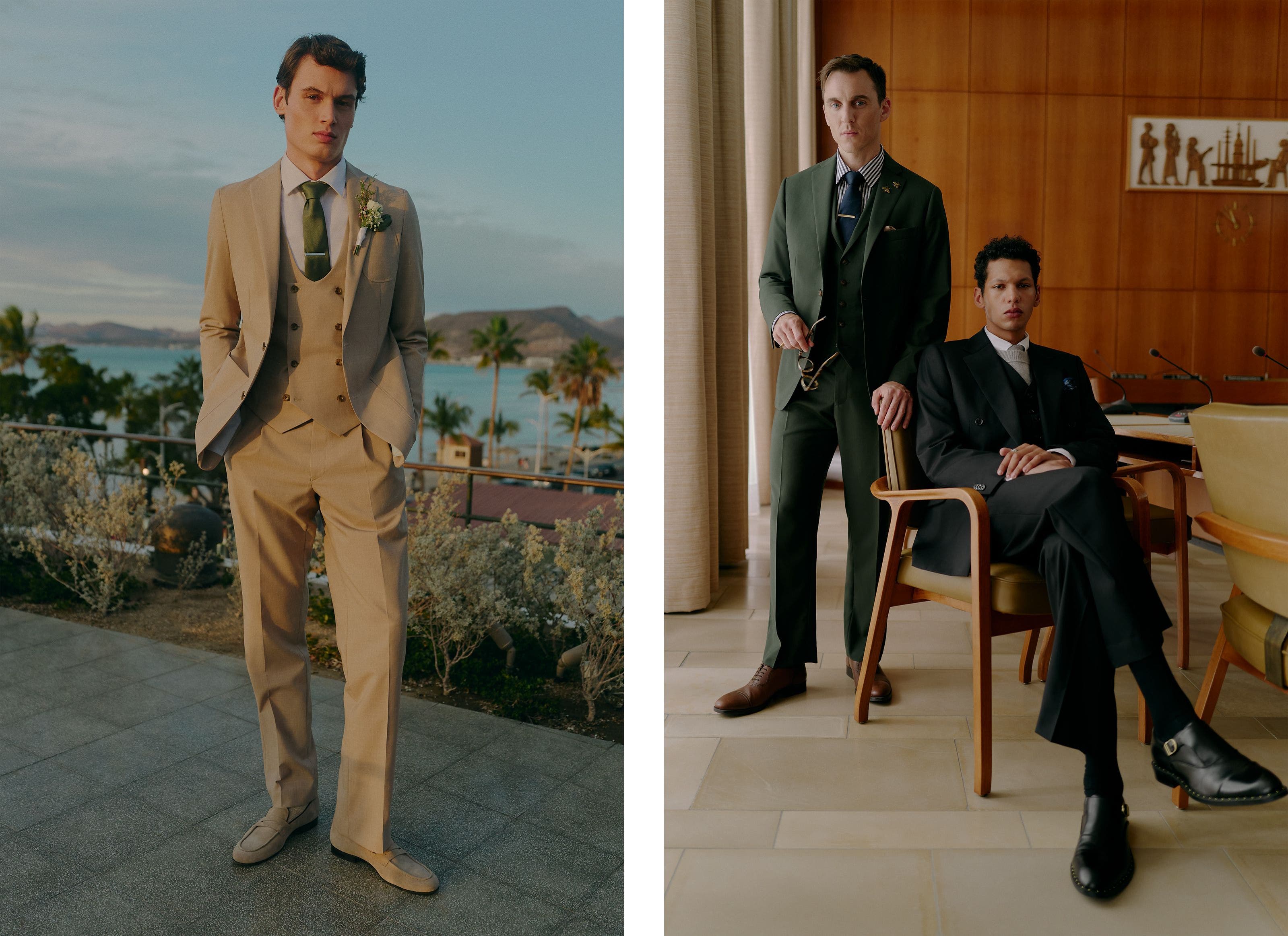 A man wearing a three-piece suit; two men wearing suits with personalized customizations.