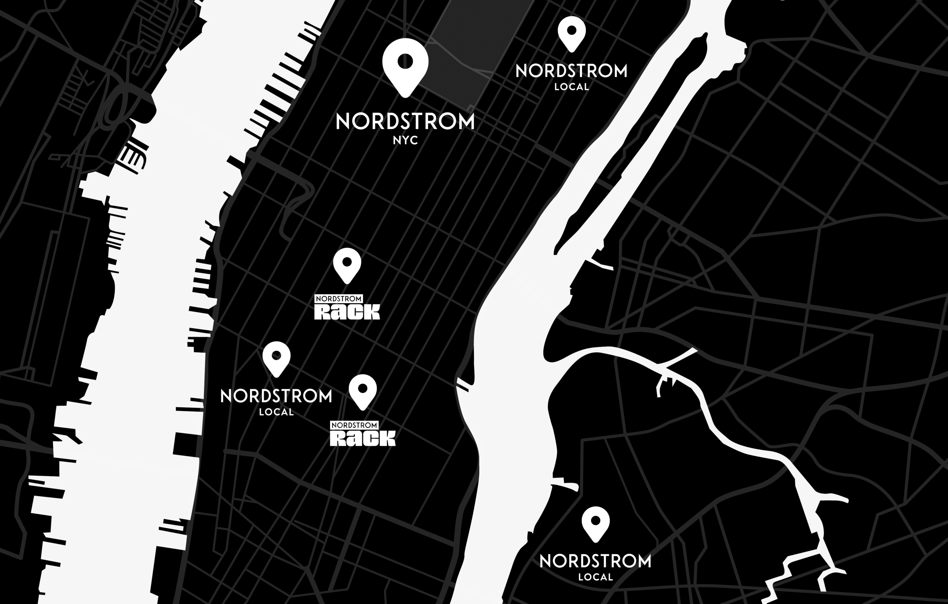 A map showing all Nordstrom stores, Rack stores and Nordstrom Locals in New York City.