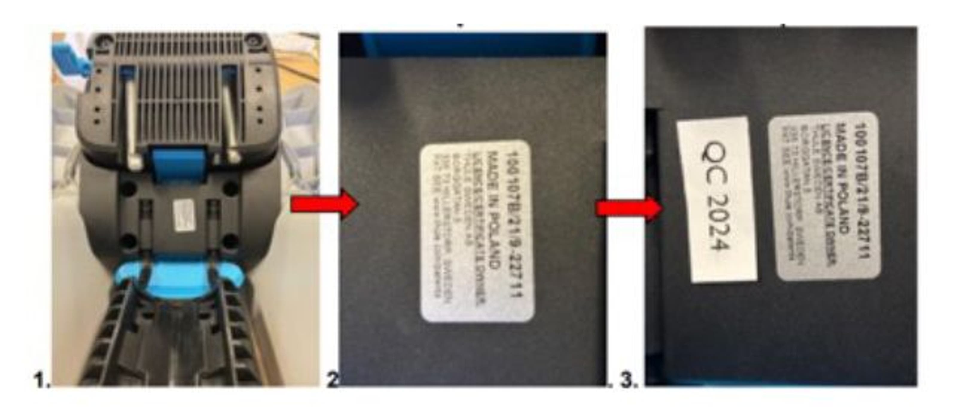 Bottom of Thule car seat showing QC 2024 sticker.