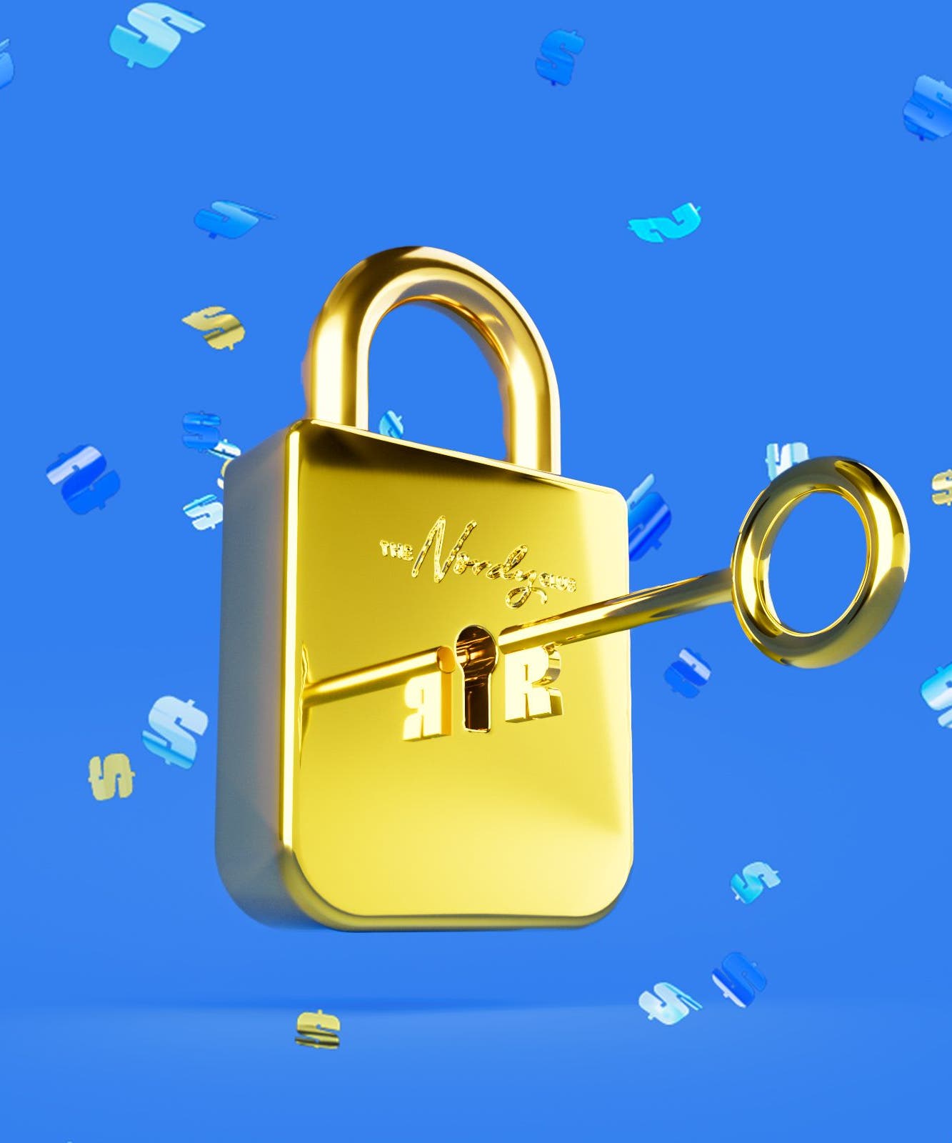A gold padlock with a key.