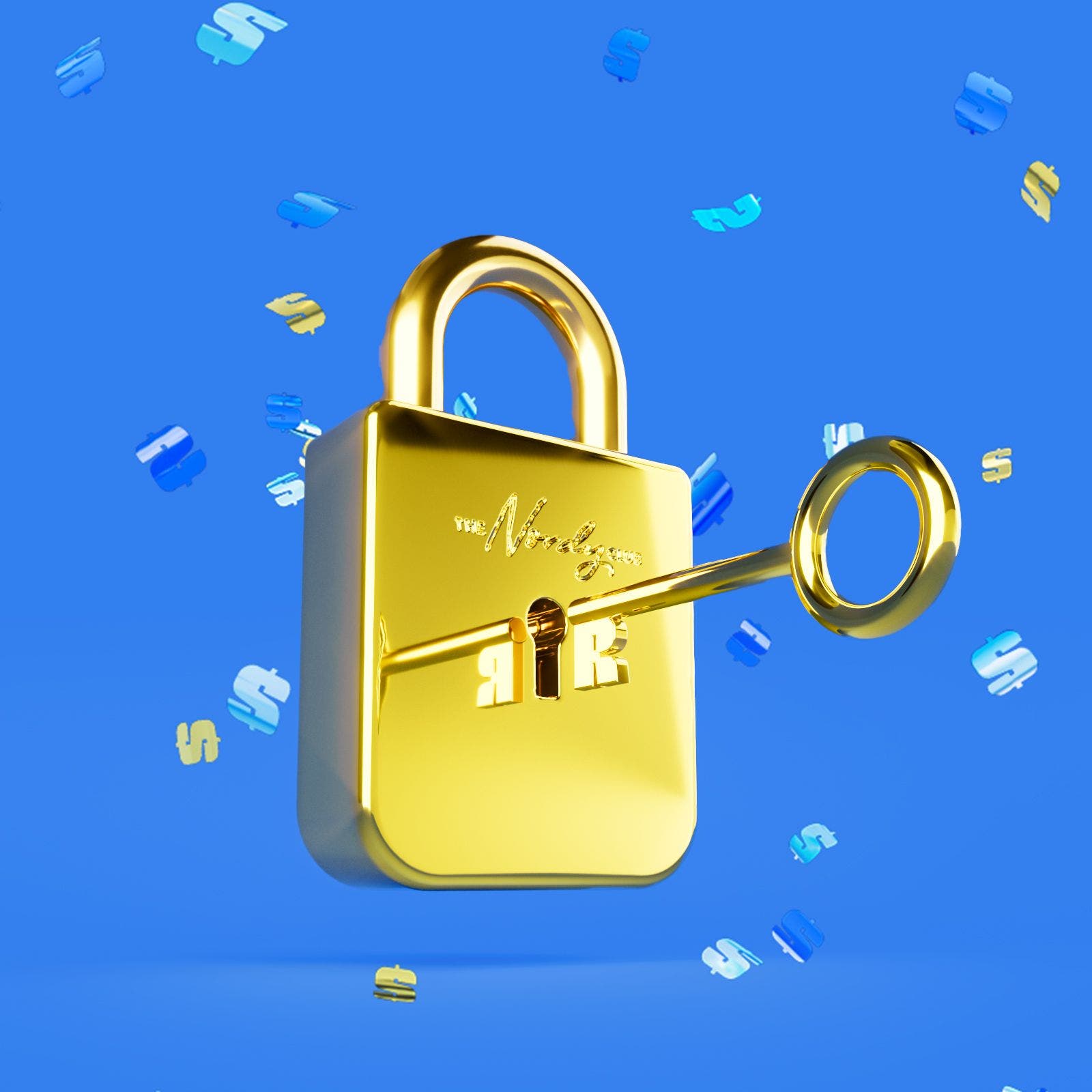  A gold padlock with a key.