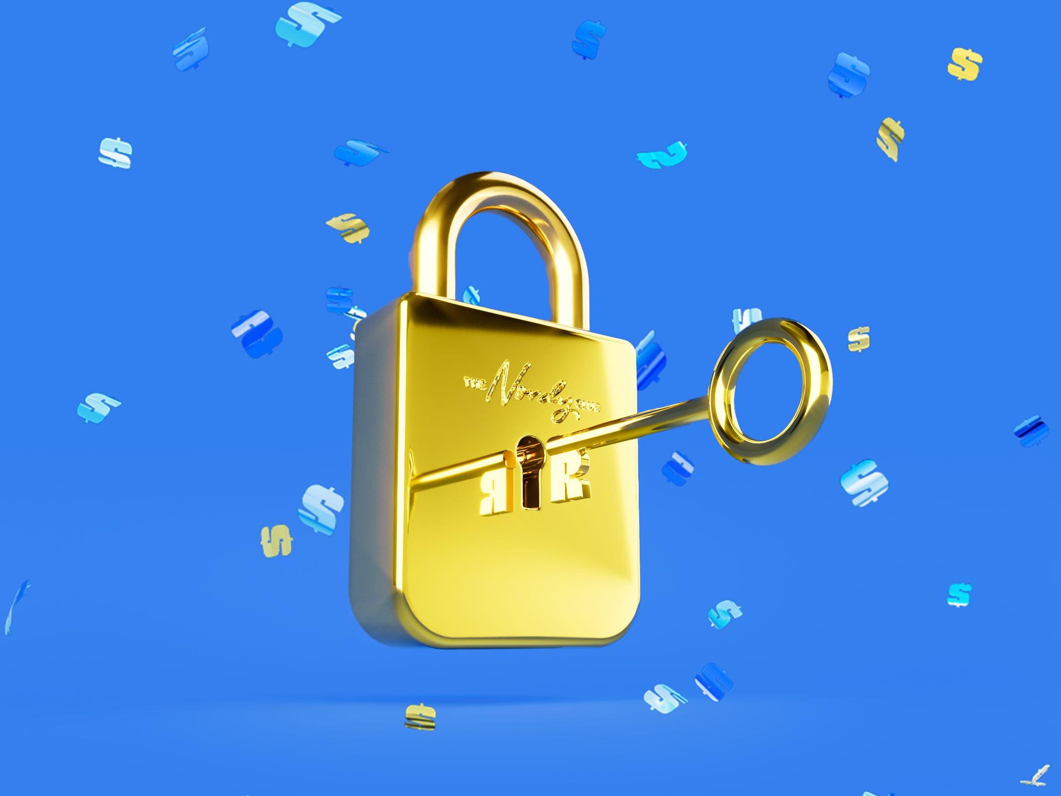  A gold padlock with a key.
