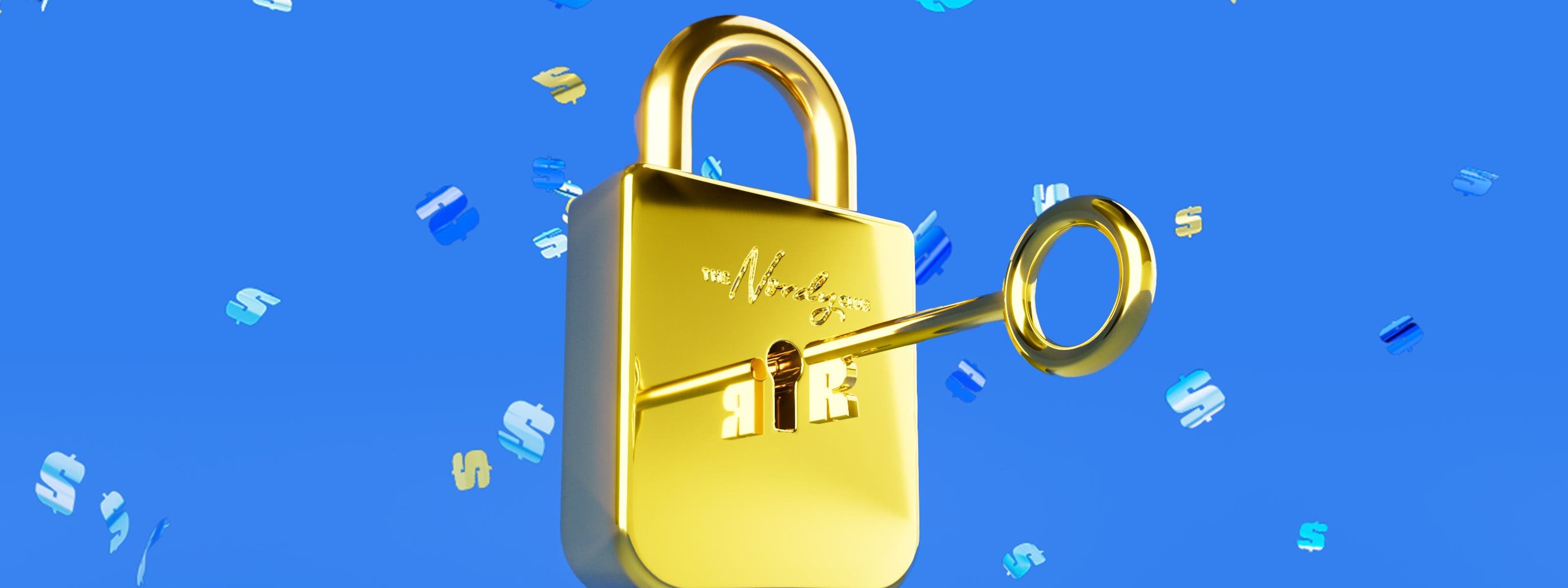 A gold padlock with a key.