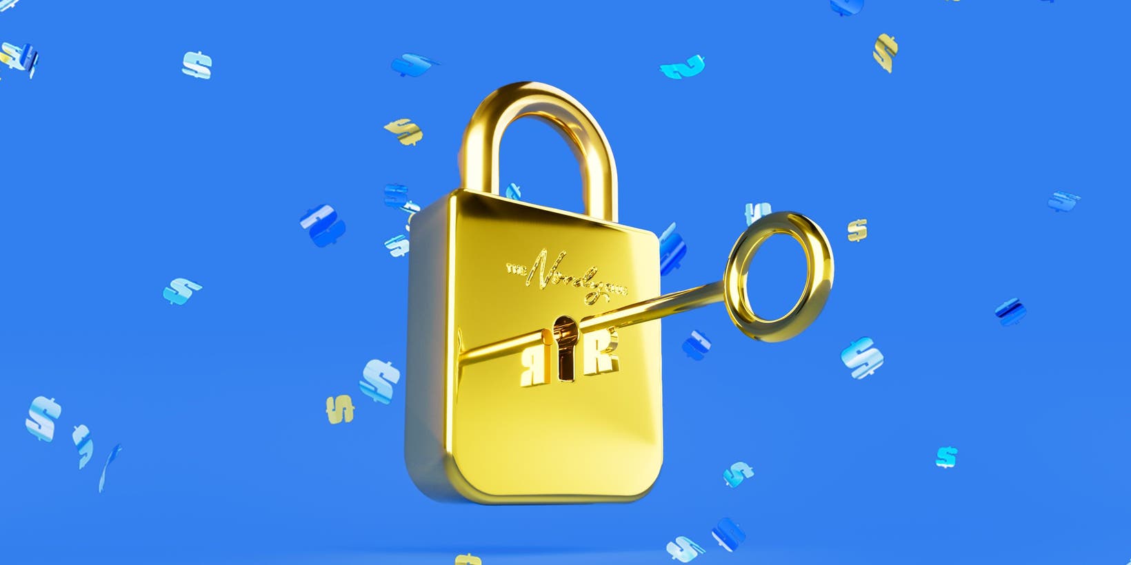 A gold padlock with a key.