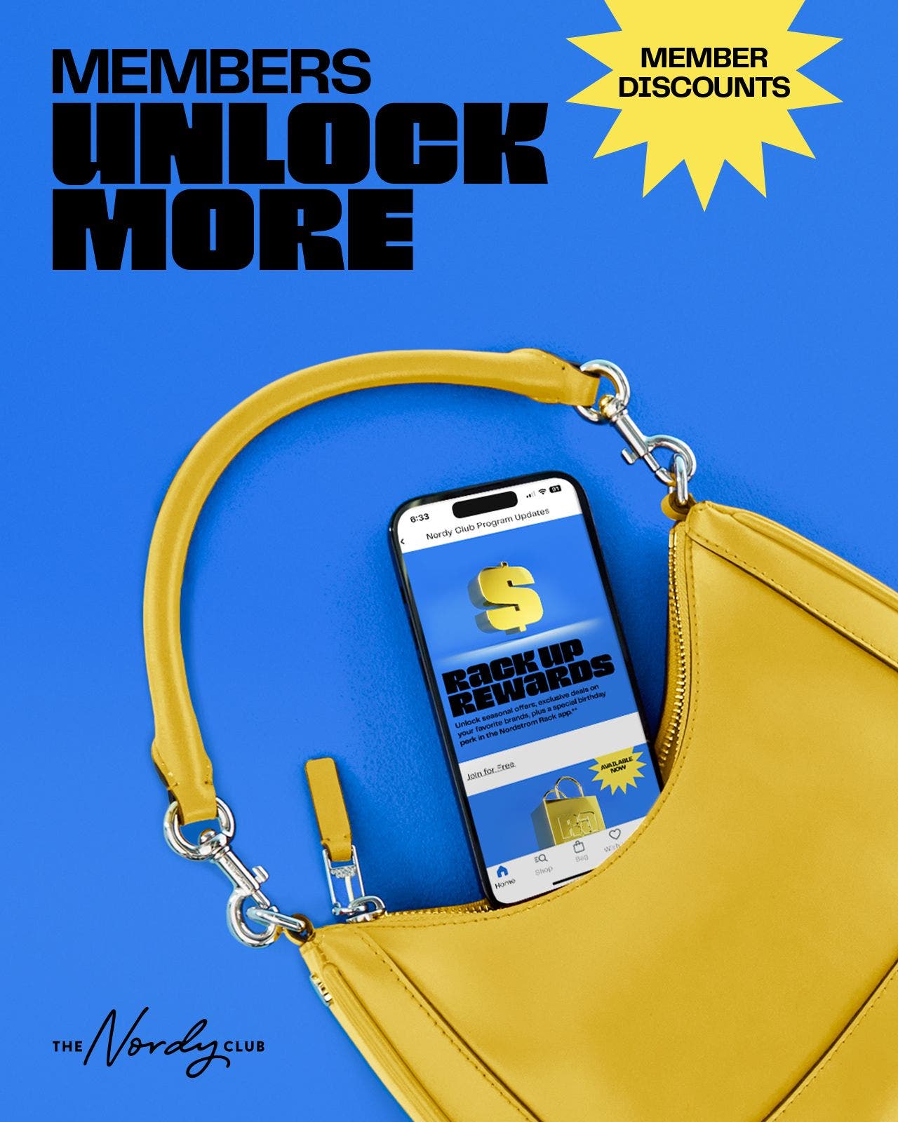 Members unlock more. A gold handbag with a phone showing the Nordstrom Rack app. 
