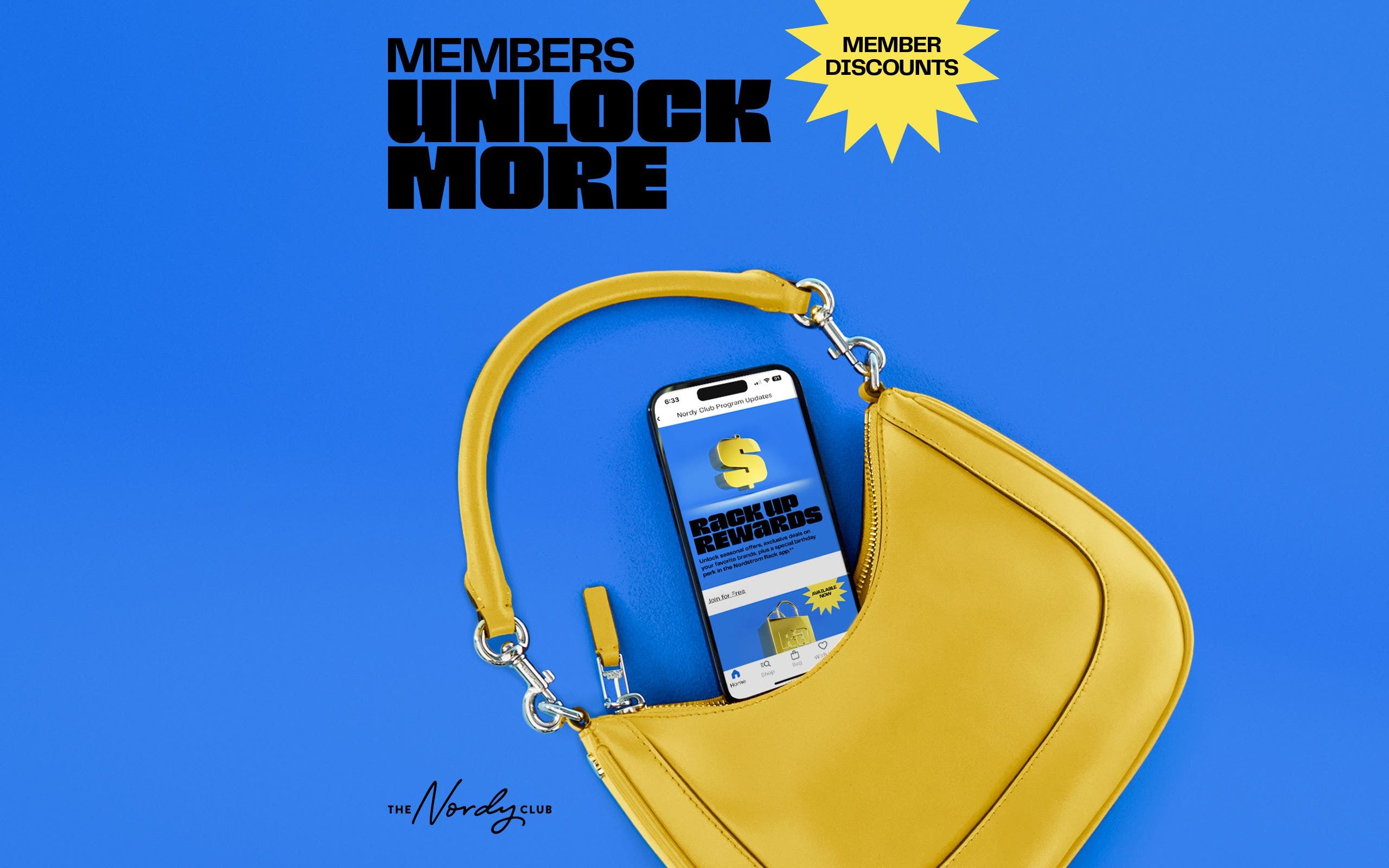 Members unlock more. A gold handbag with a phone showing the Nordstrom Rack app. 