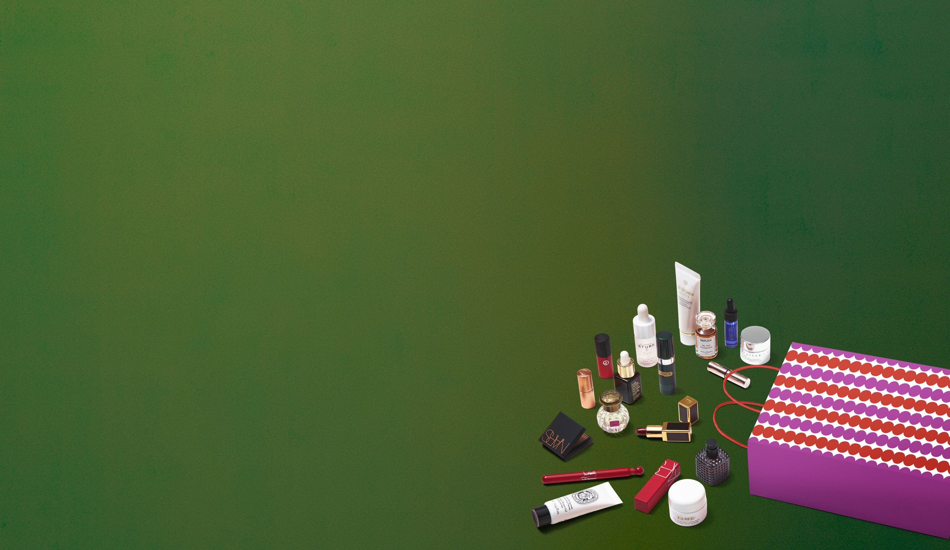 Products in a gift with purchase including skin care, makeup, fragrance and hair care. 