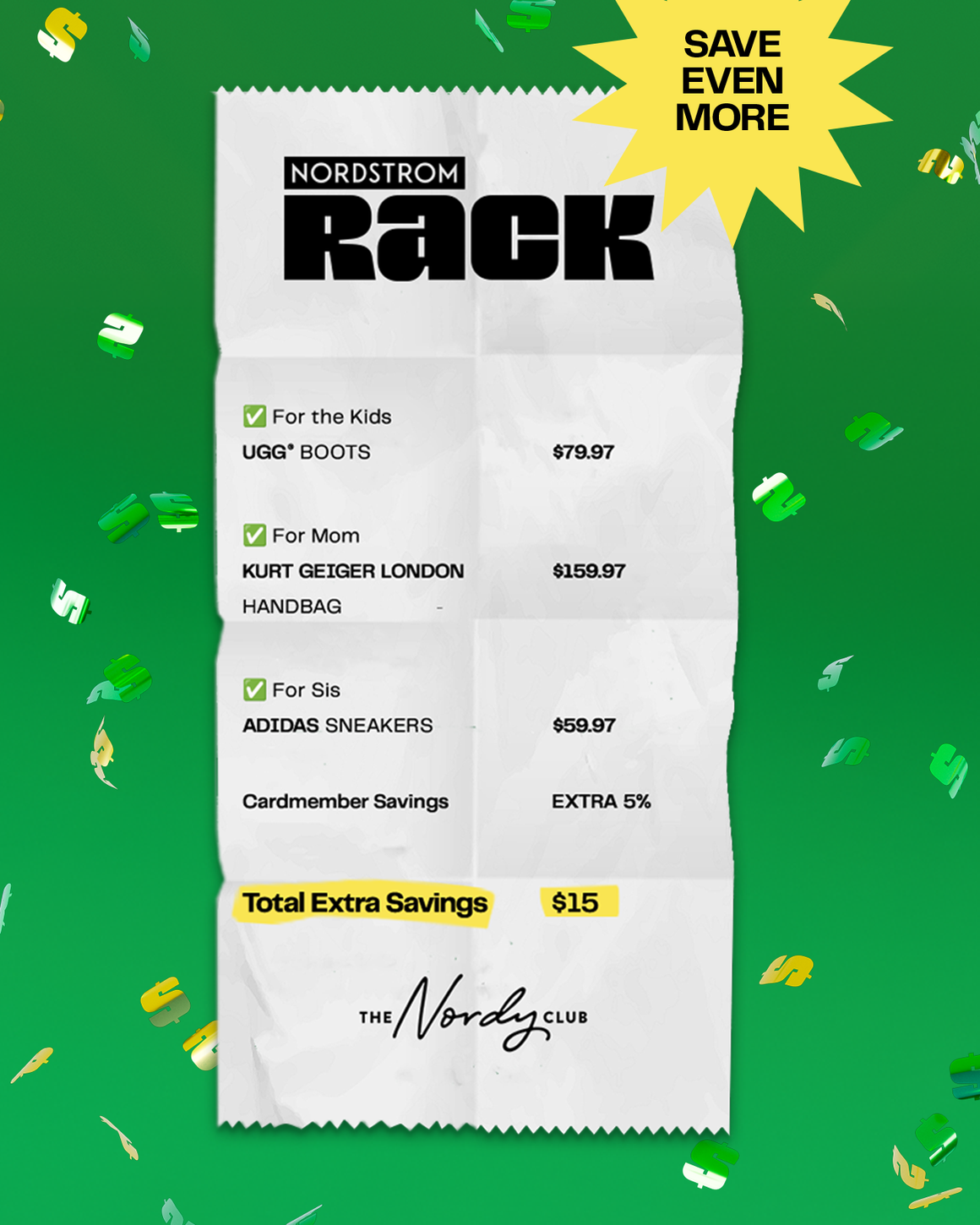 A Nordstrom Rack receipt shows how much a credit cardmember can save. 