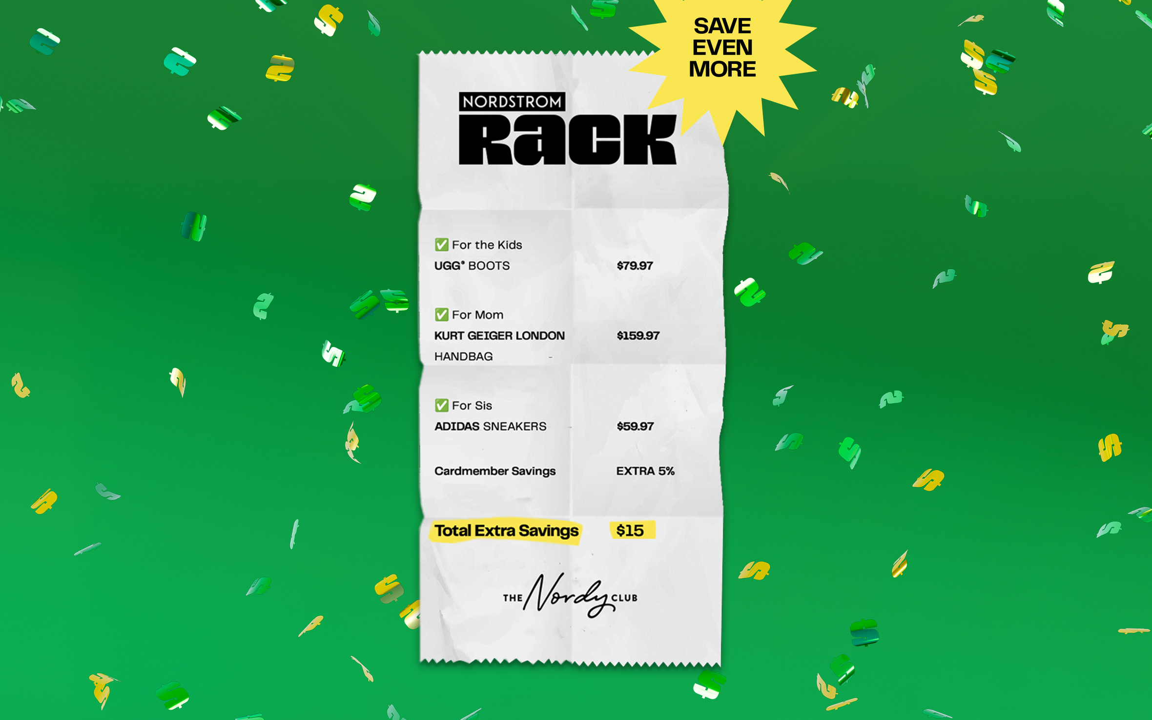 A Nordstrom Rack receipt shows how much a credit cardmember can save. 