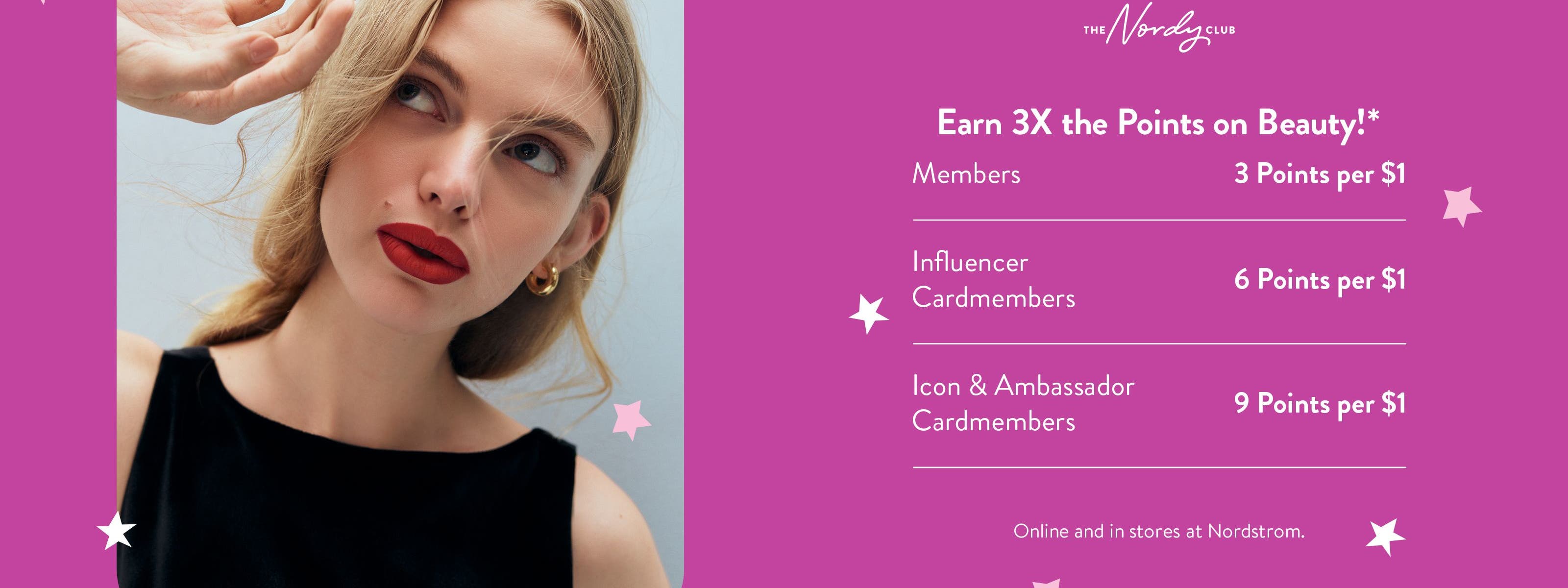 Earn 3 times the points on beauty! A woman with a dramatic red lip.