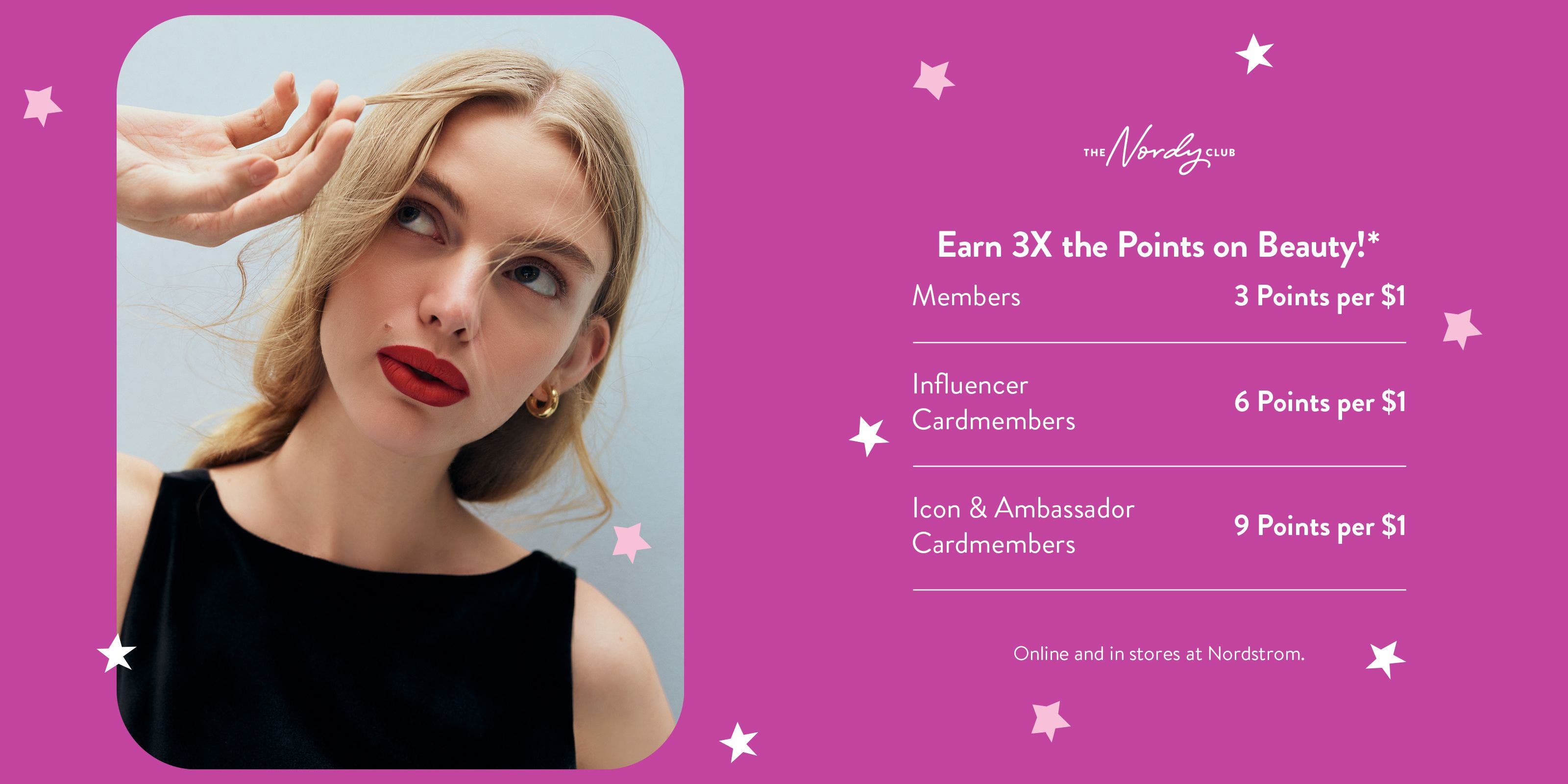 Earn 3 times the points on beauty! A woman with a dramatic red lip.