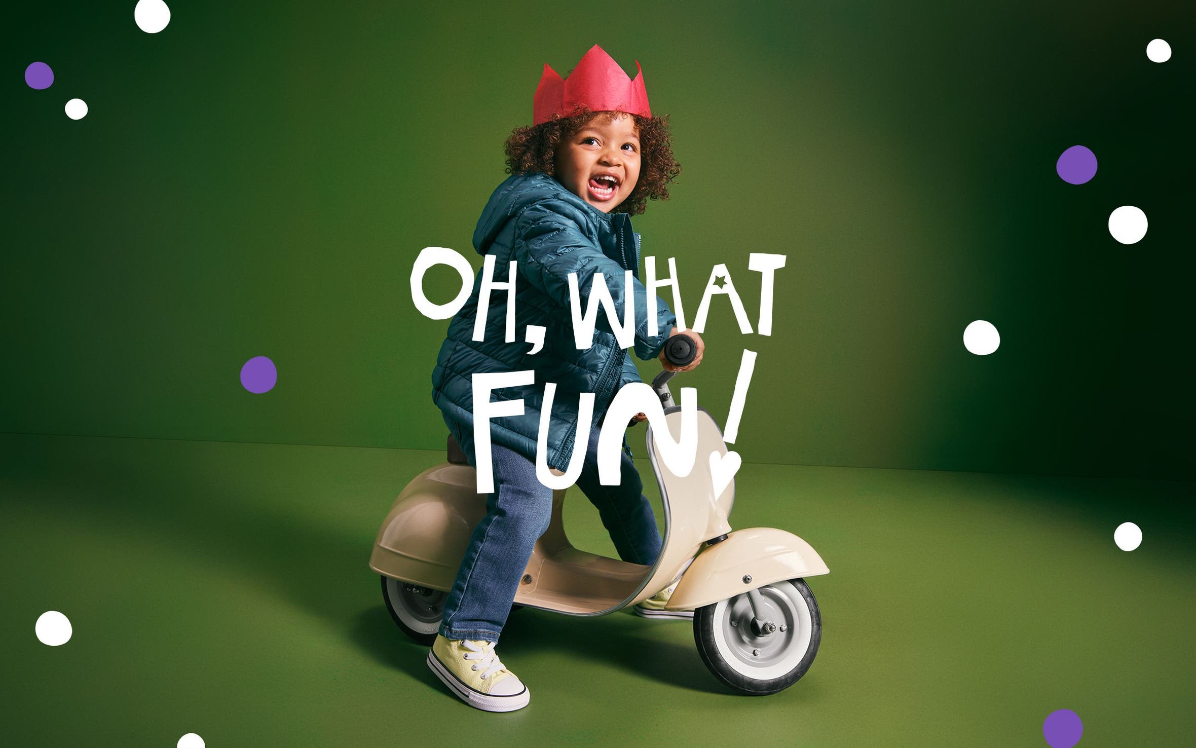 Oh, what fun! A kid riding a toy scooter.