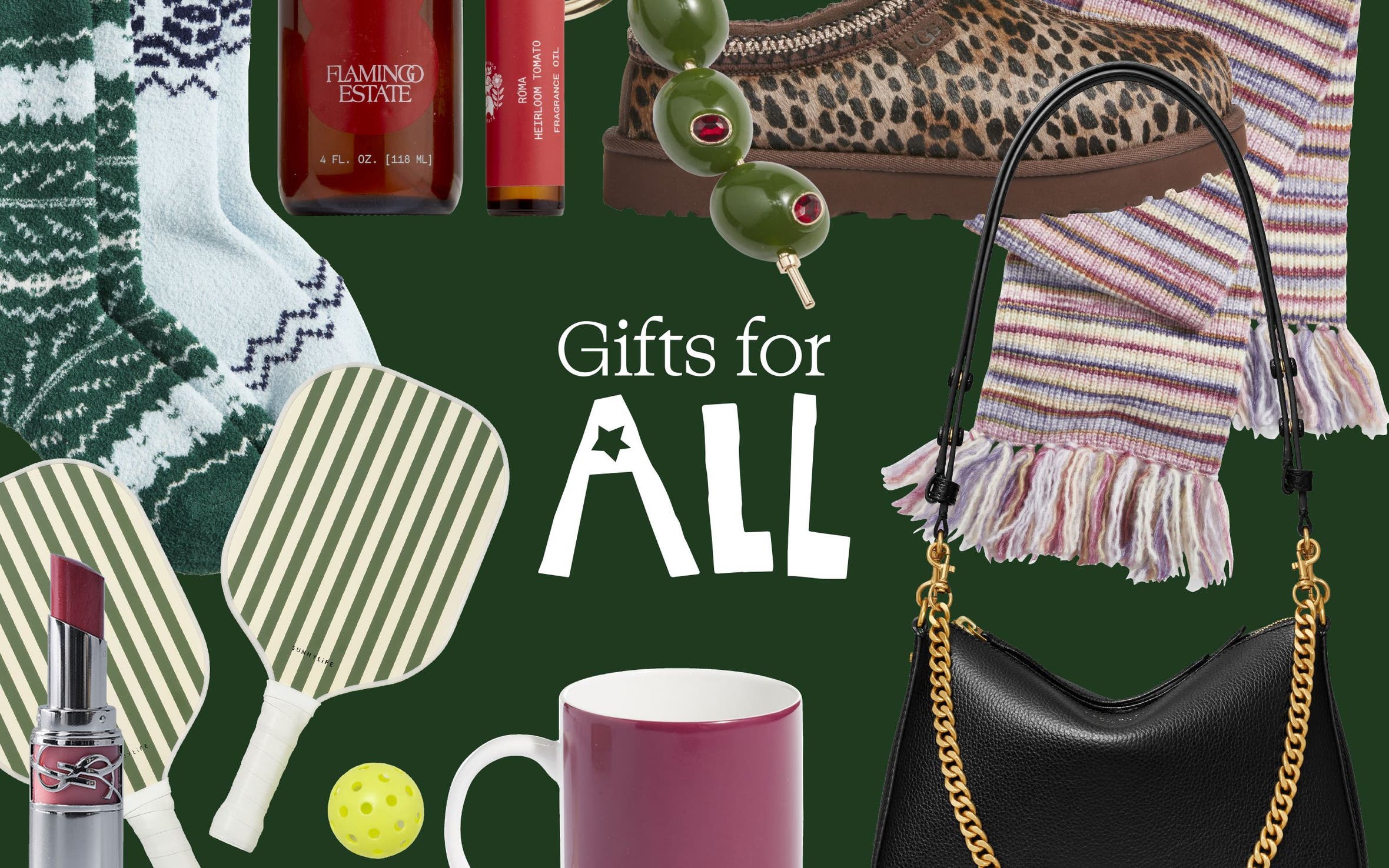 Gifts for all: an assortment of holiday gifts including slippers, socks, accessories and home goods.