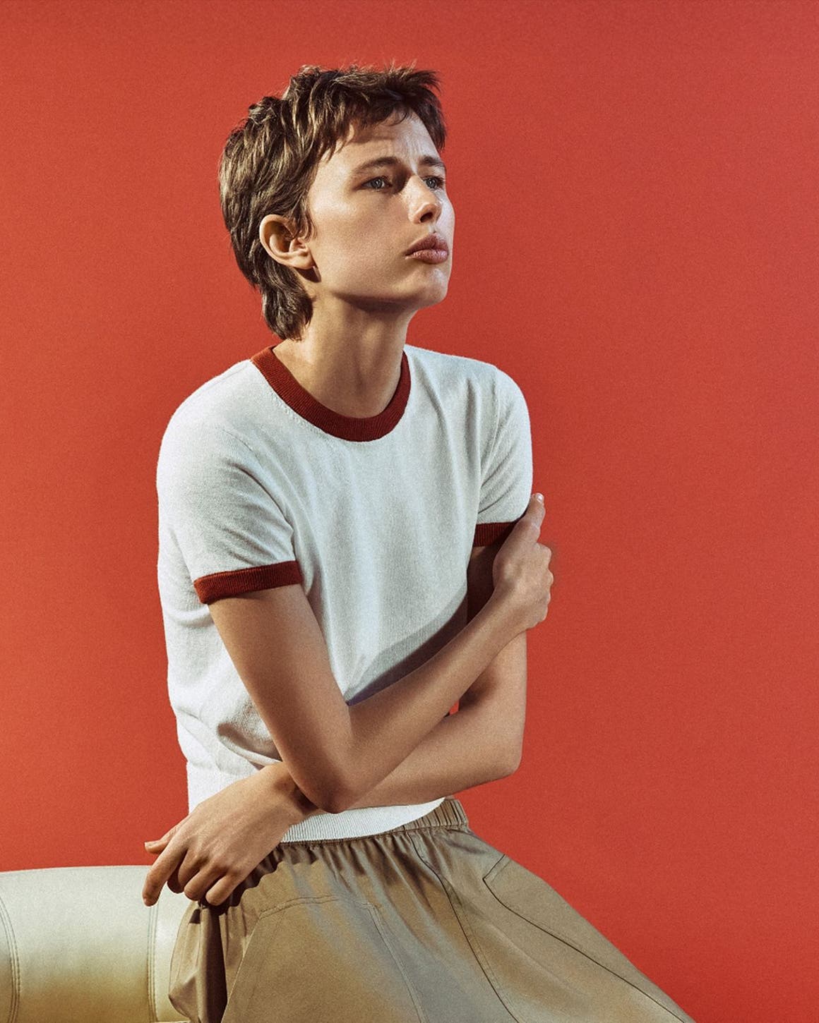 A model wearing a Vince T-shirt.