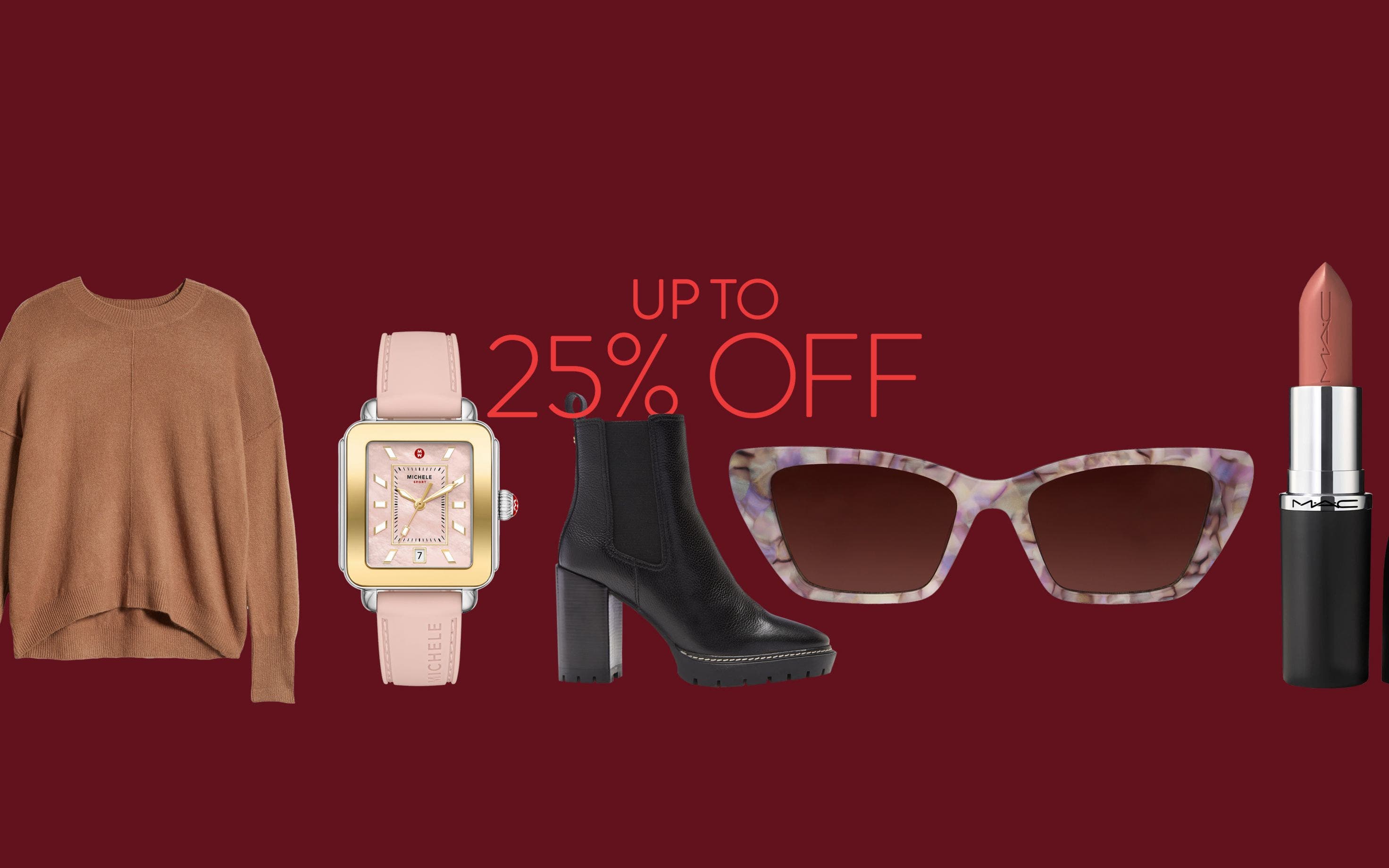 Up to 25% off. Products including a watch, boot and sunglasses.