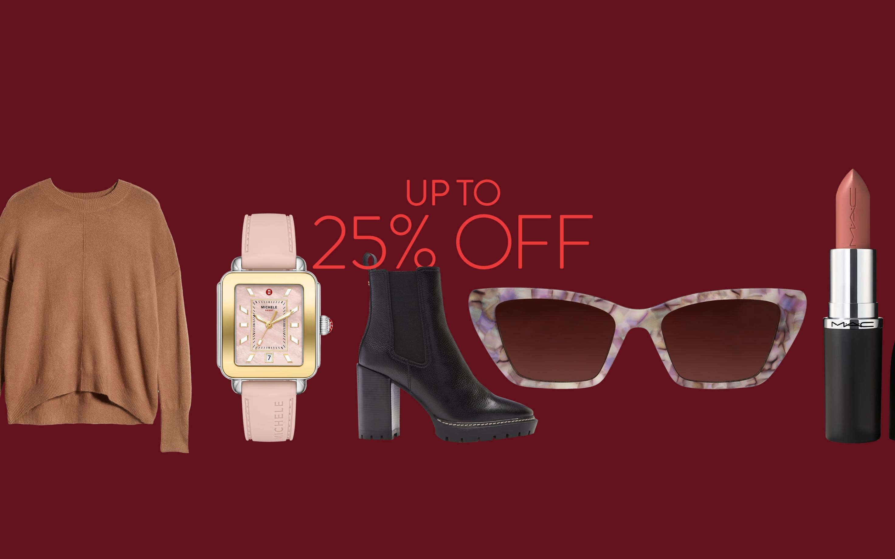 Up to 25% off. Products including a watch, boot and sunglasses.