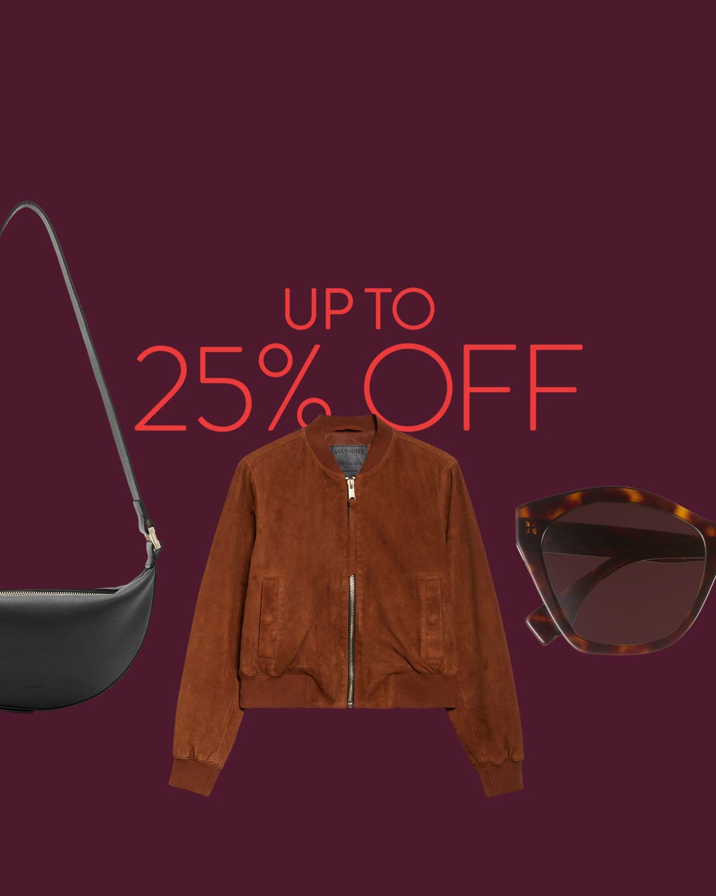 Up to 25% off. Products on sale, including a handbag, jacket and sunglasses.