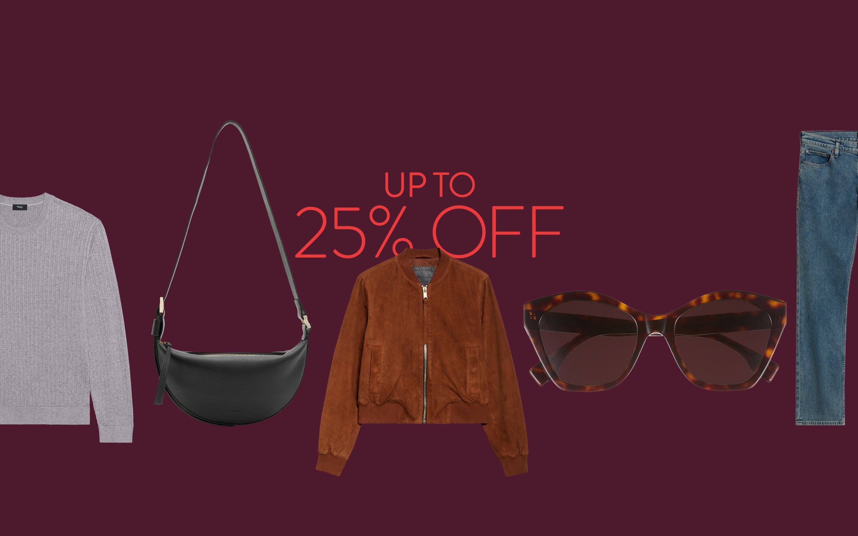 Up to 25% off. Products on sale, including a handbag, jacket and sunglasses.