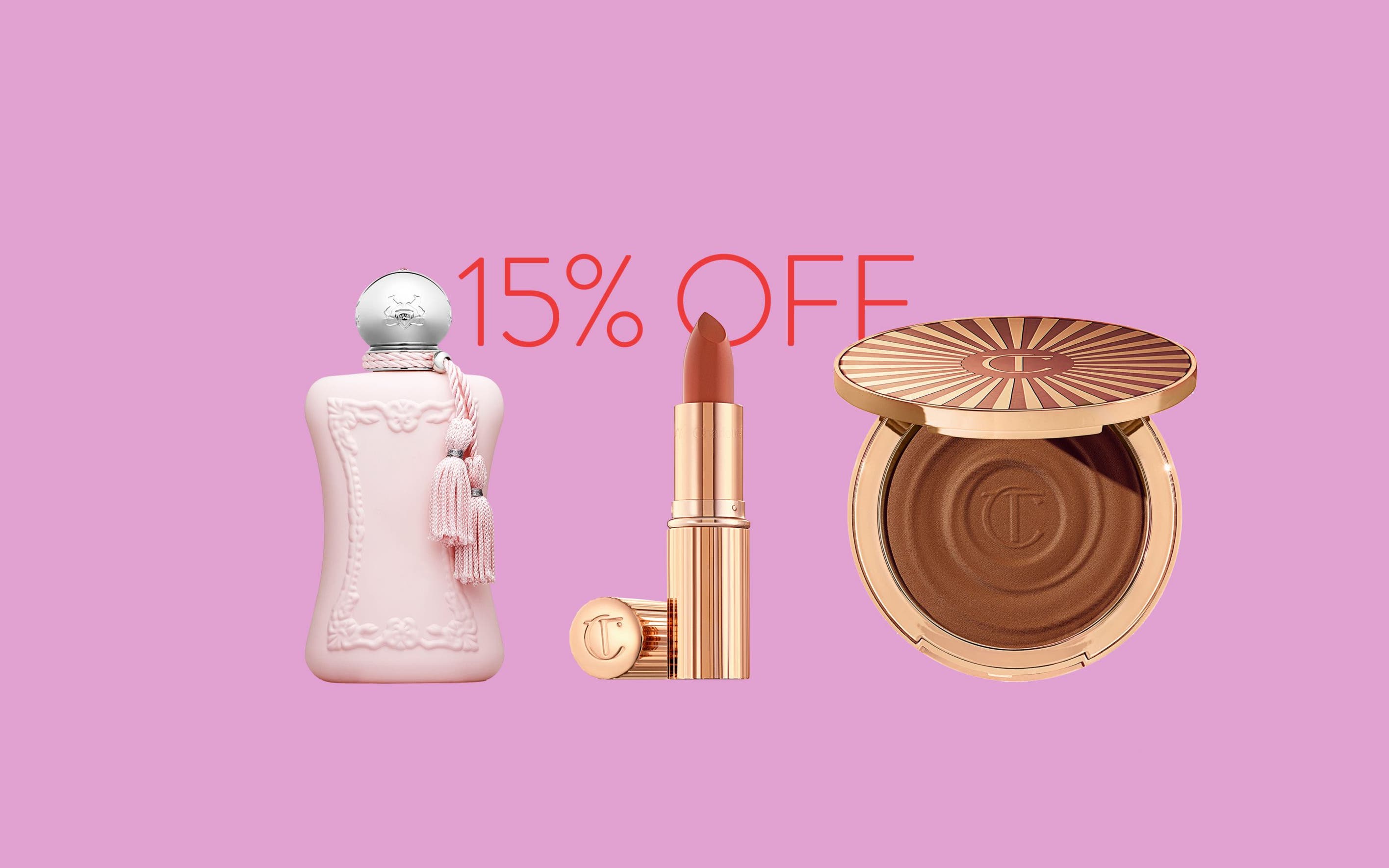 15% off beauty: perfume, lipstick and compact bronzer. 