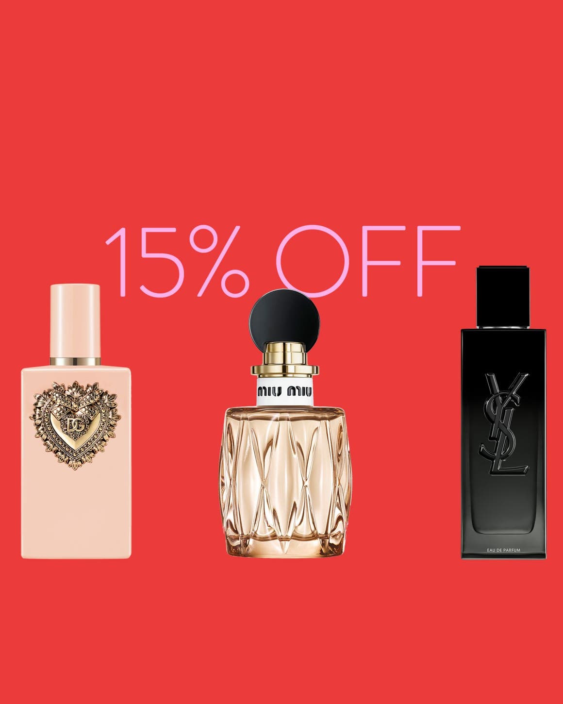 15% off fragrance and cologne. A selection of perfume bottles. 
