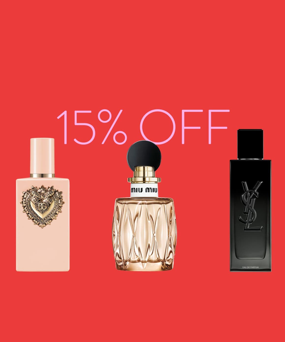 15% off fragrance and cologne. A selection of perfume bottles. 