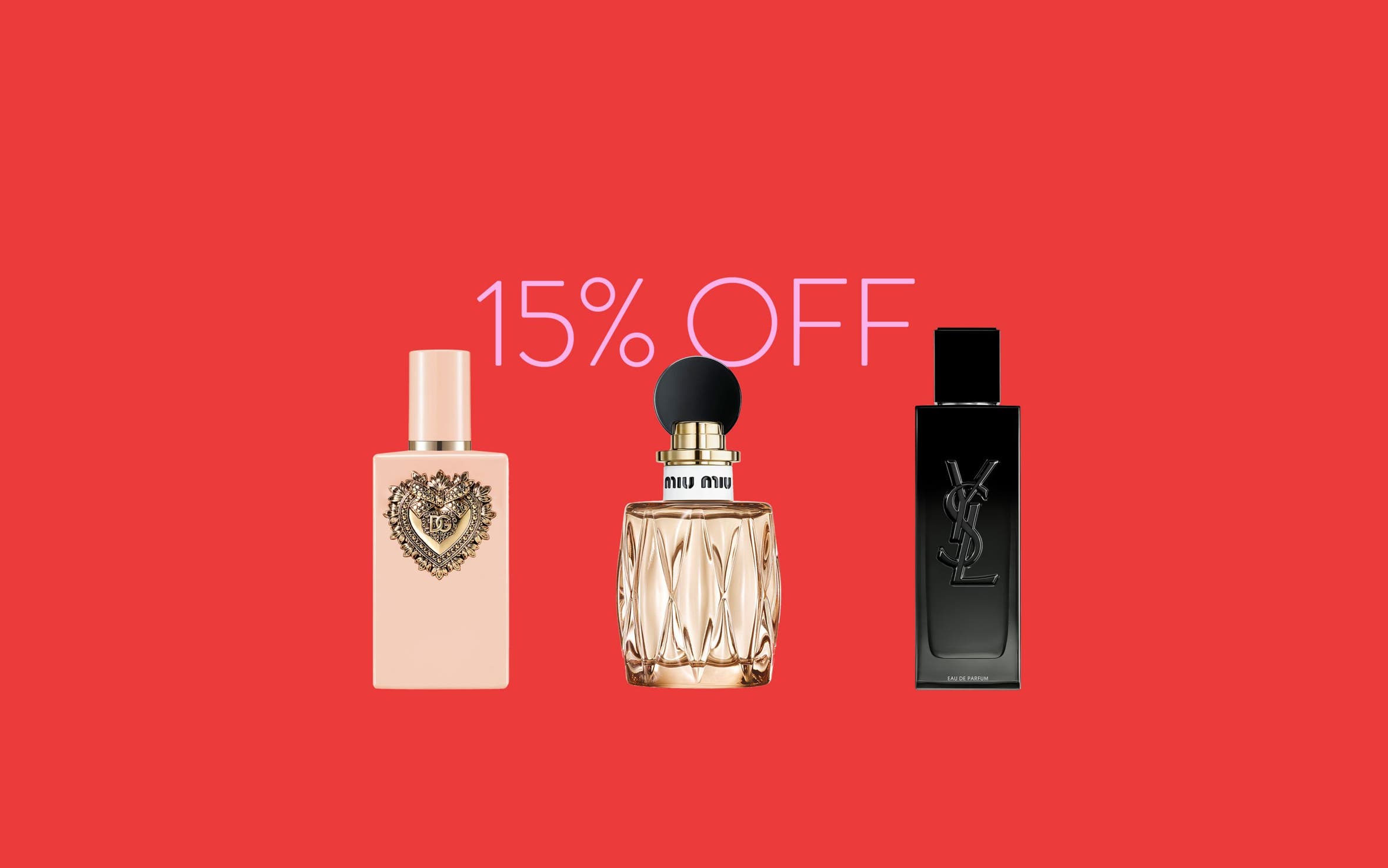 15% off fragrance and cologne. A selection of perfume bottles. 
