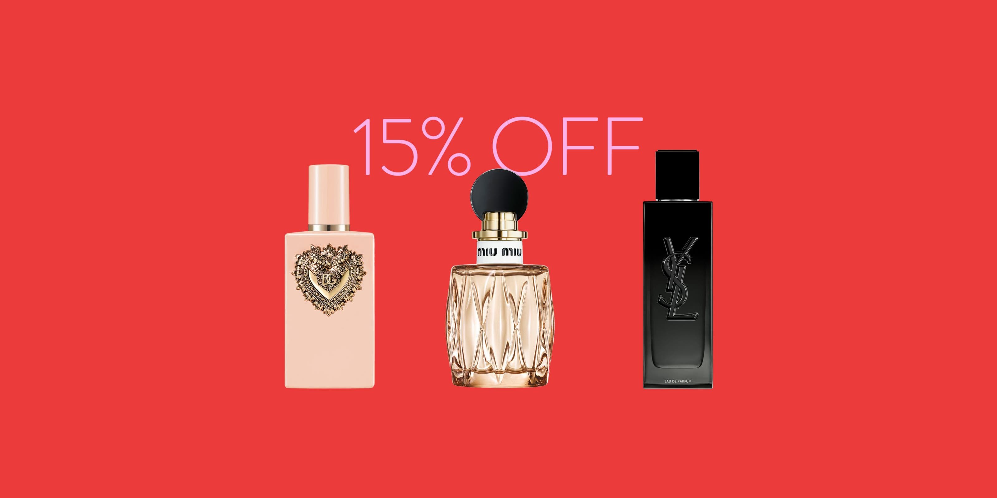 15% off fragrance and cologne. A selection of perfume bottles. 