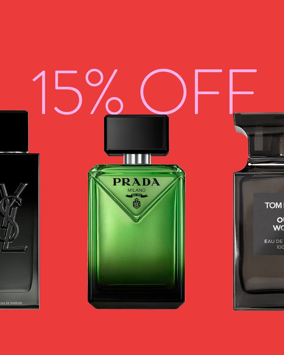 15% off fragrance and cologne. A selection of cologne bottles. 