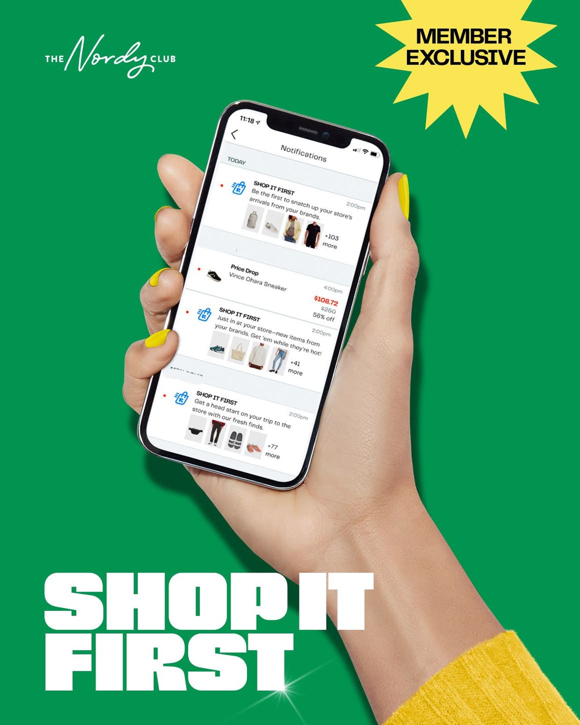 Nordy Club exclusive perk: Shop It First. A hand holding a phone with the Rack app displayed. 
