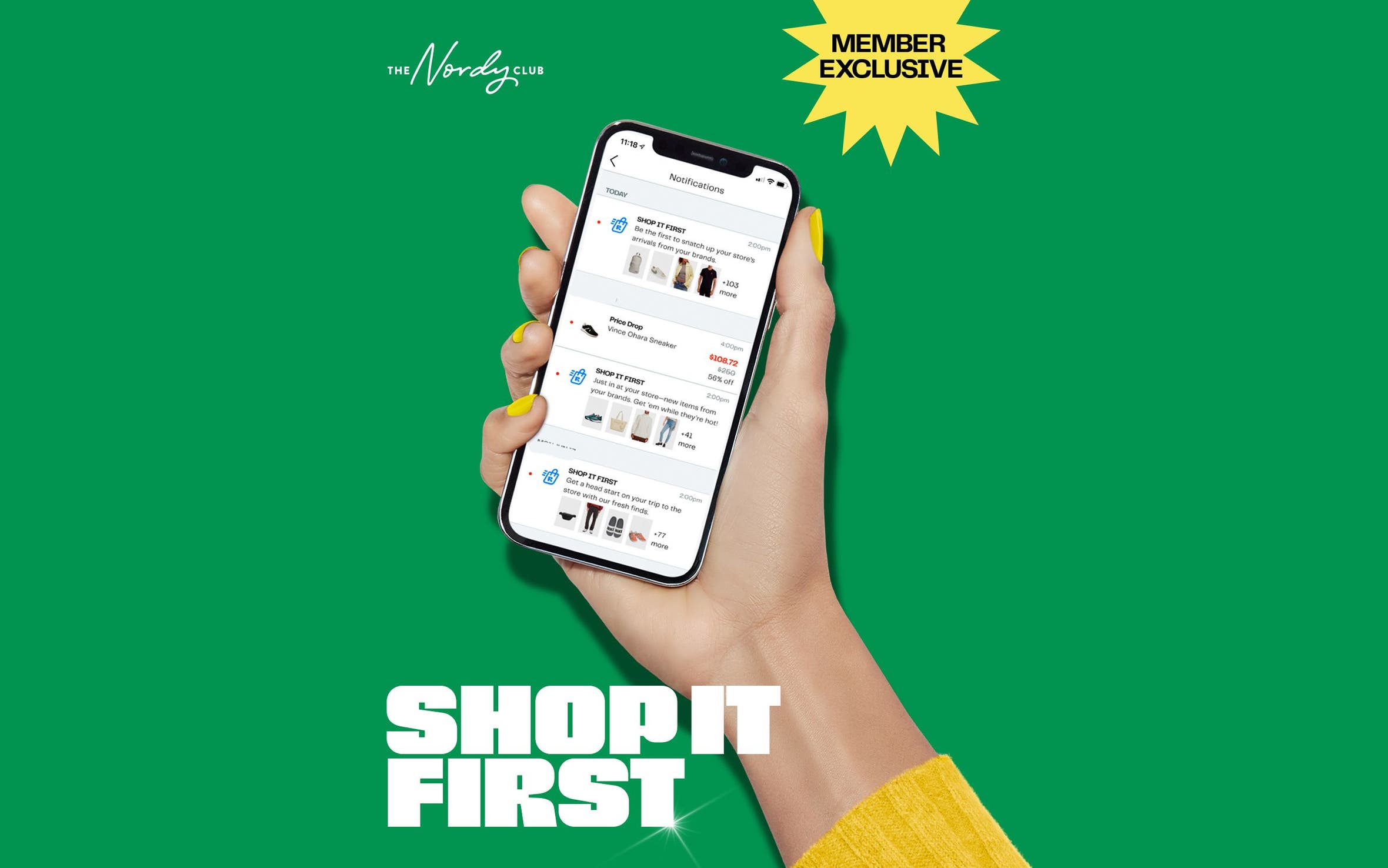 Nordy Club exclusive perk: Shop It First. A hand holding a phone with the Rack app displayed. 