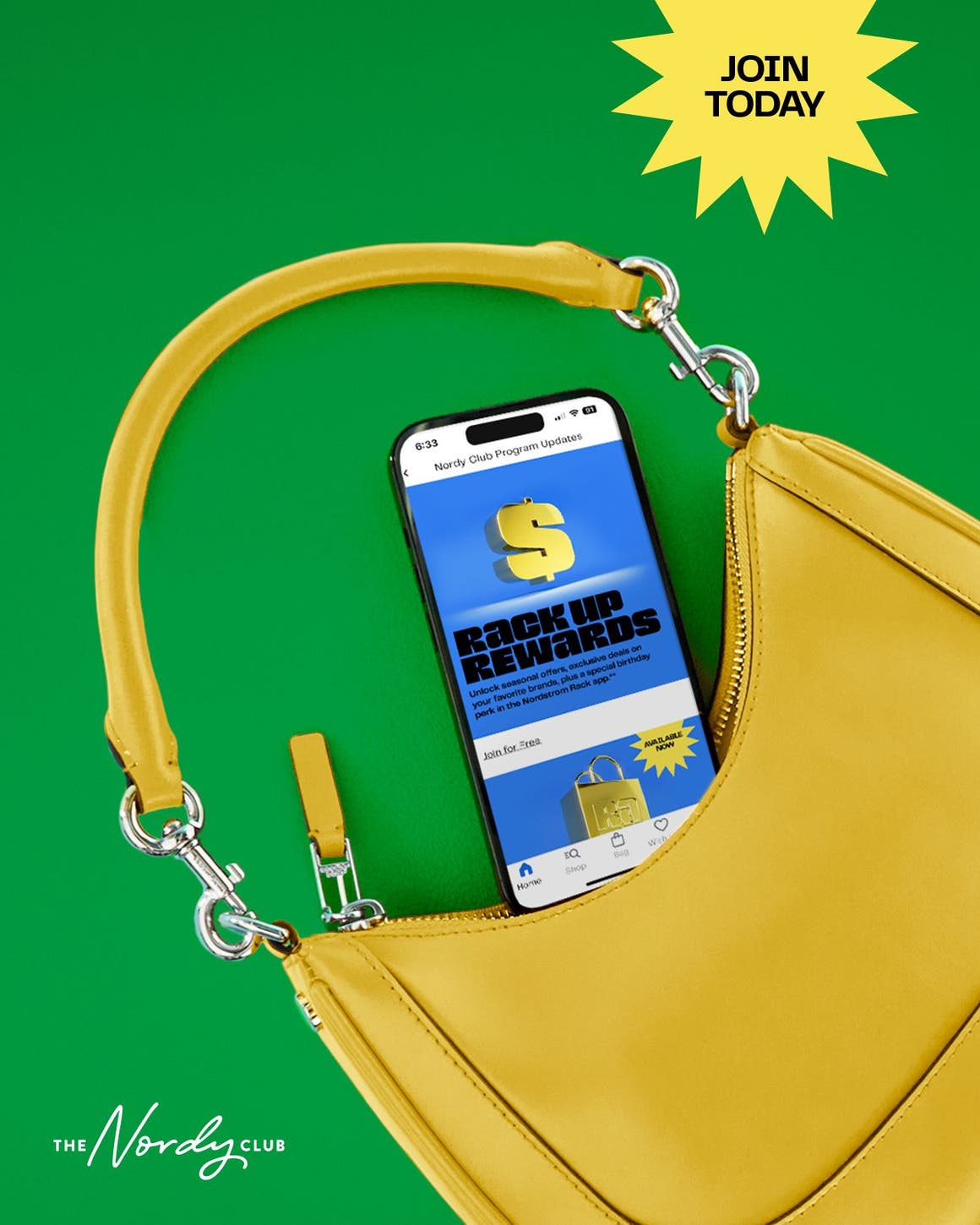Rack Up Rewards. A phone in a yellow bag.