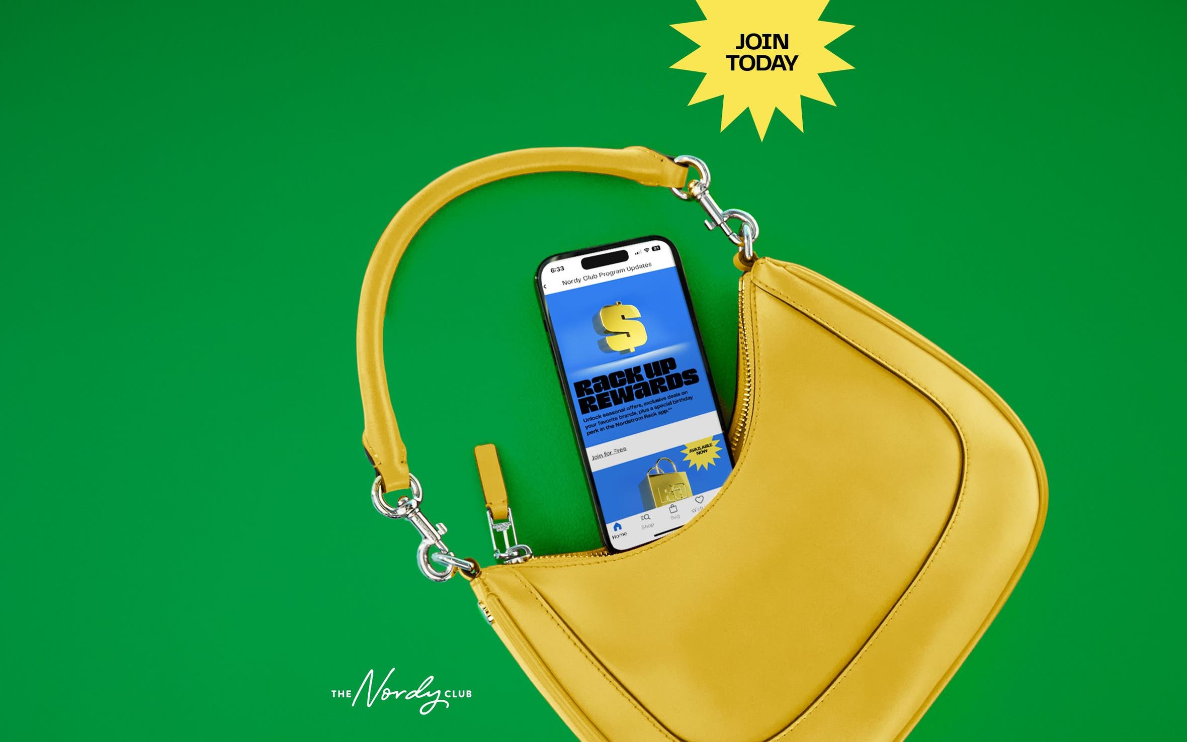 Rack Up Rewards. A phone in a yellow bag.