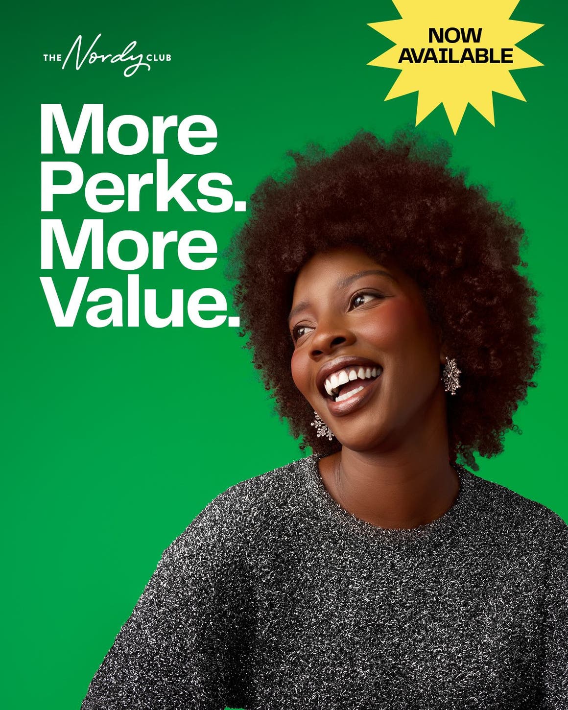 Now available: more perks, more value. A woman wearing a gray sweater.