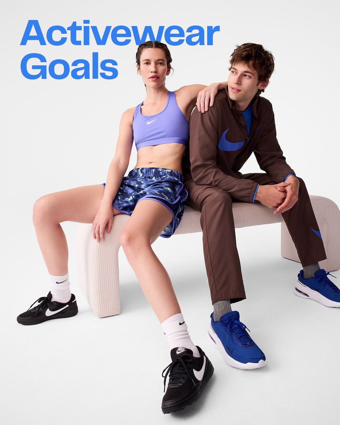 A man and a woman wearing active clothing and shoes.