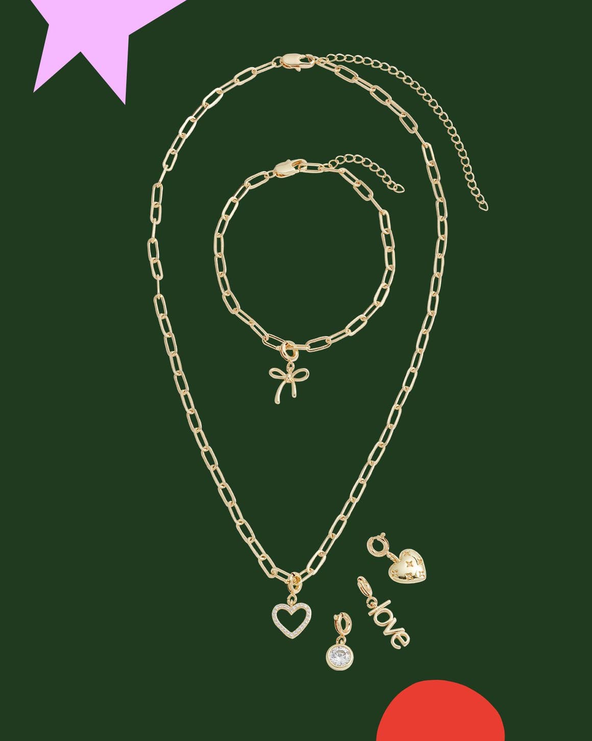 A necklace, bracelet and earrings.