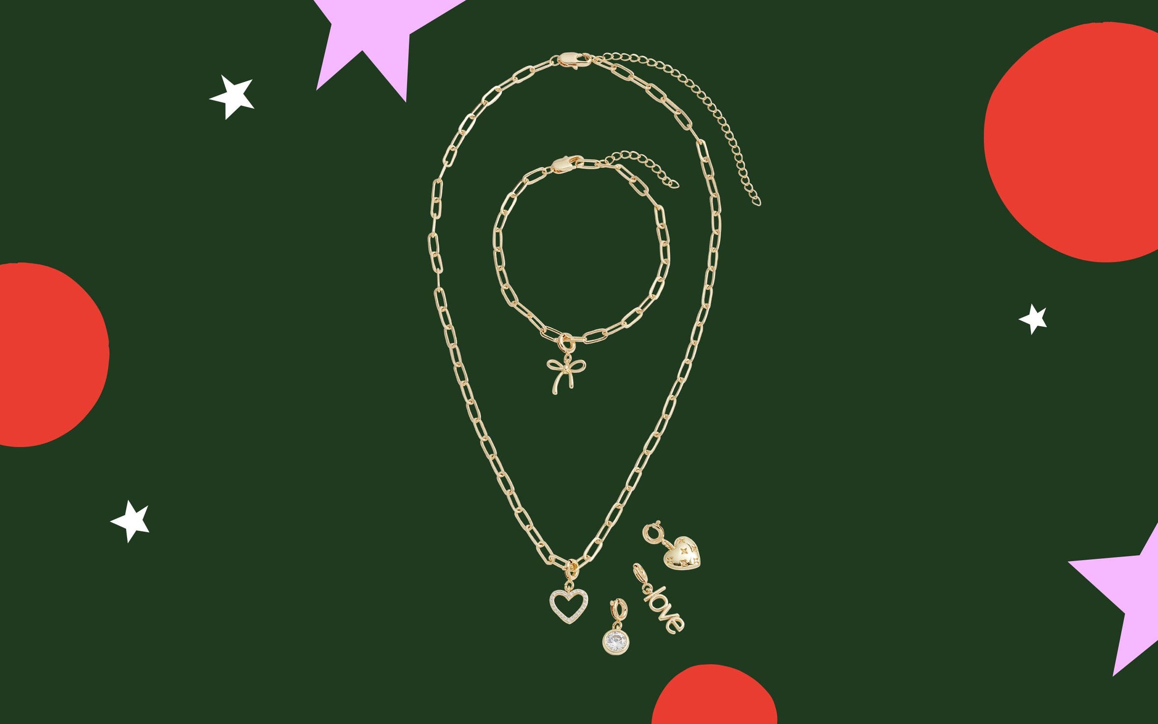 A necklace, bracelet and earrings.