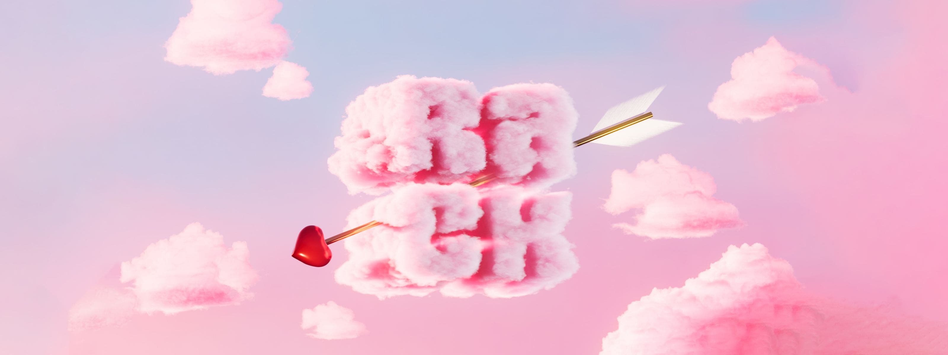 Pink clouds in the form of a Nordstrom Rack logo pierced with a heart-shaped arrow.