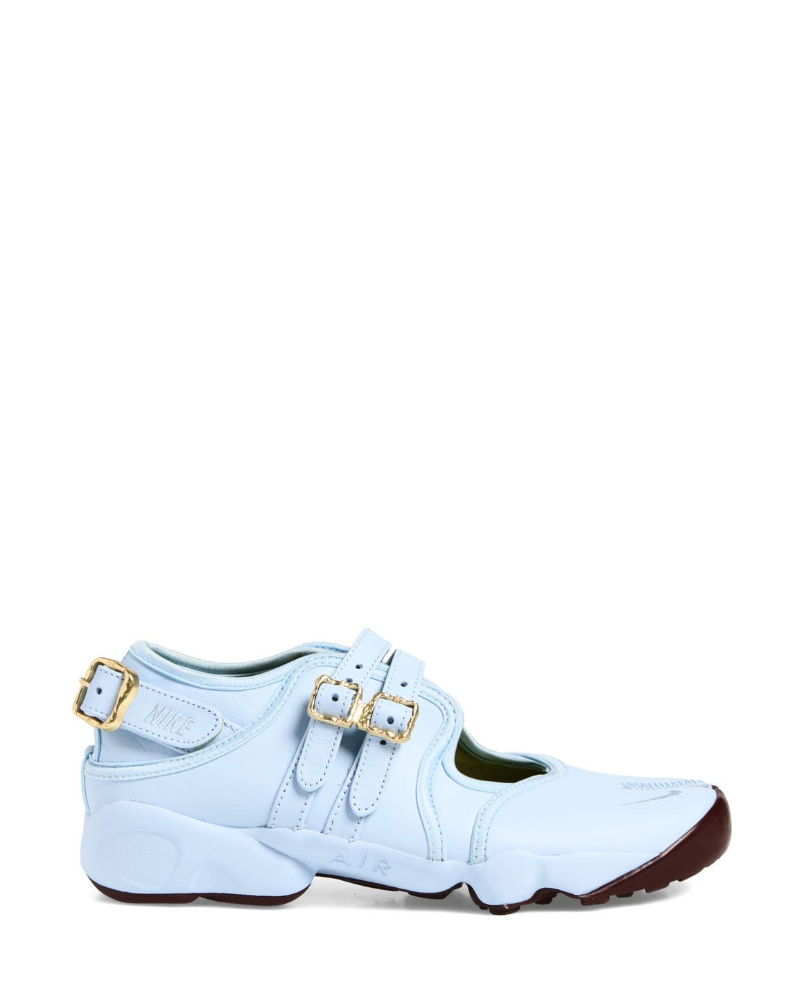 Blue Nike sneaker with buckles.